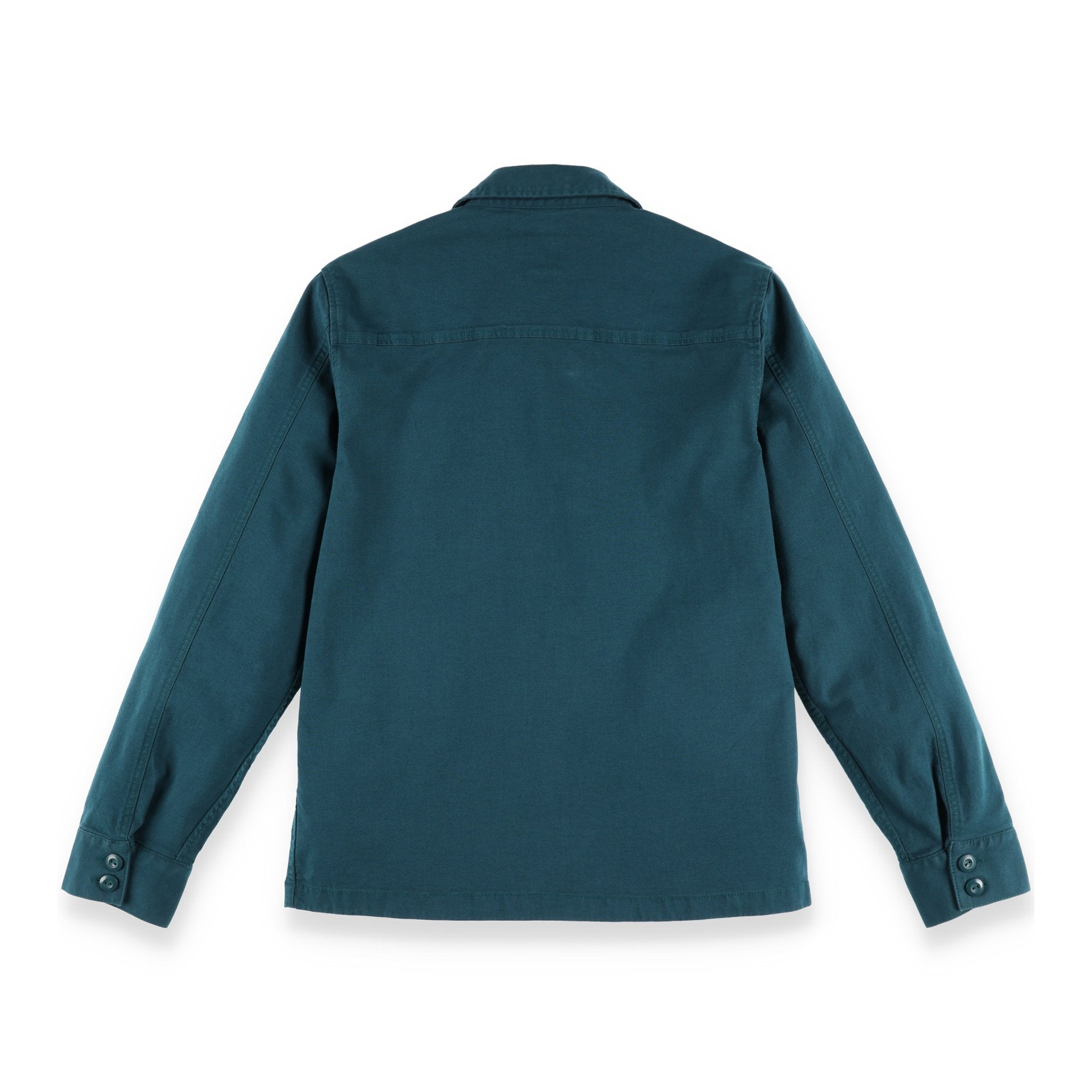 Back of Topo Designs Men's Dirt shirt Jacket in "Pond Blue".