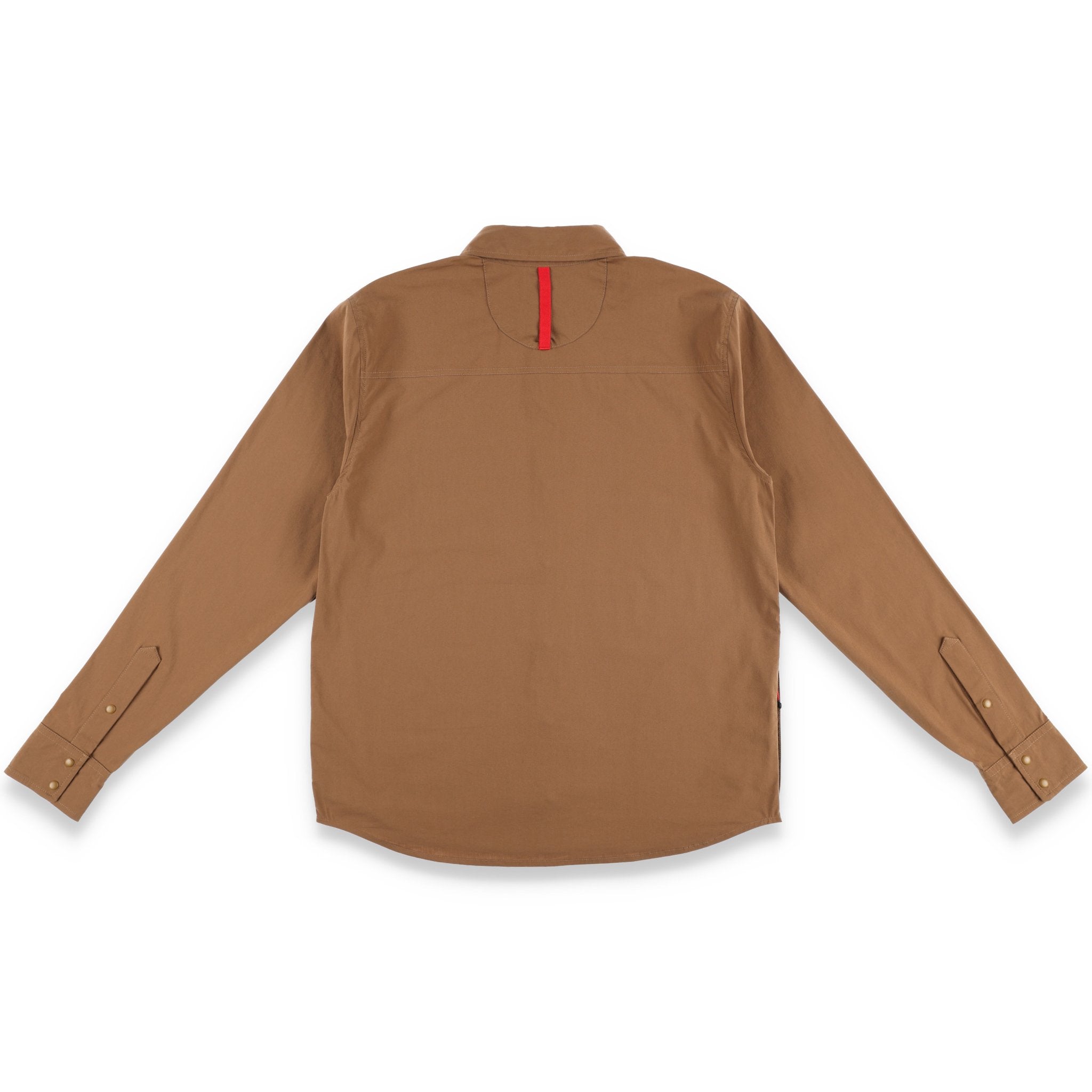 PackFast packing band on back of Topo Designs Men's Global Shirt long sleeve lightweight travel snap shirt in "Dark Khaki" brown.