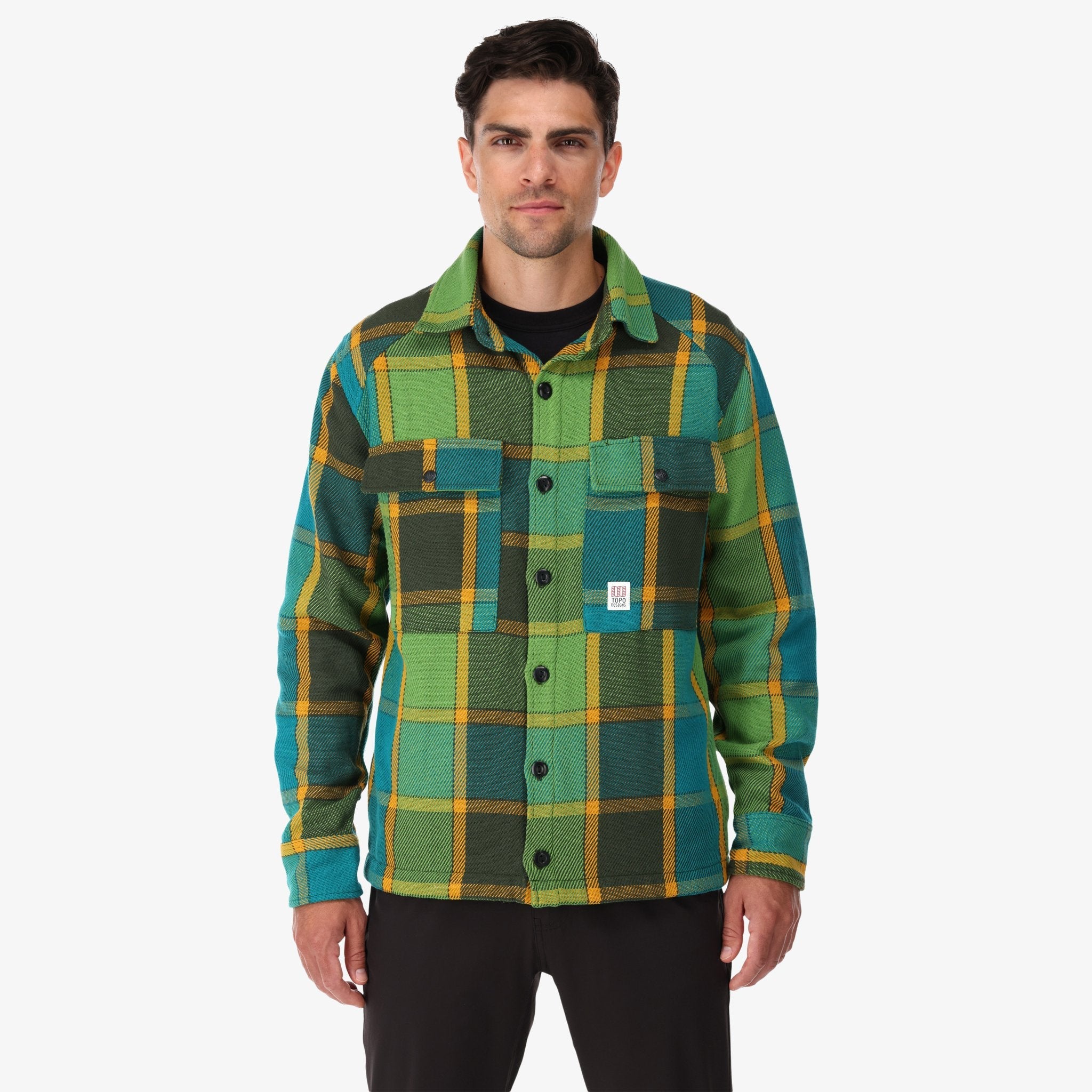 Topo Designs Men's Mountain Shirt Jacket in Olive green gold plaid on model.