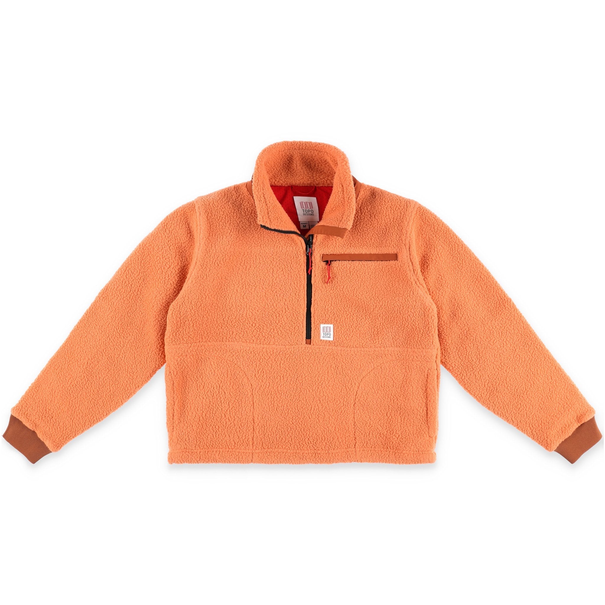 Topo Designs Women's Mountain Fleece Pullover in "Rust / Brick" pink orange.