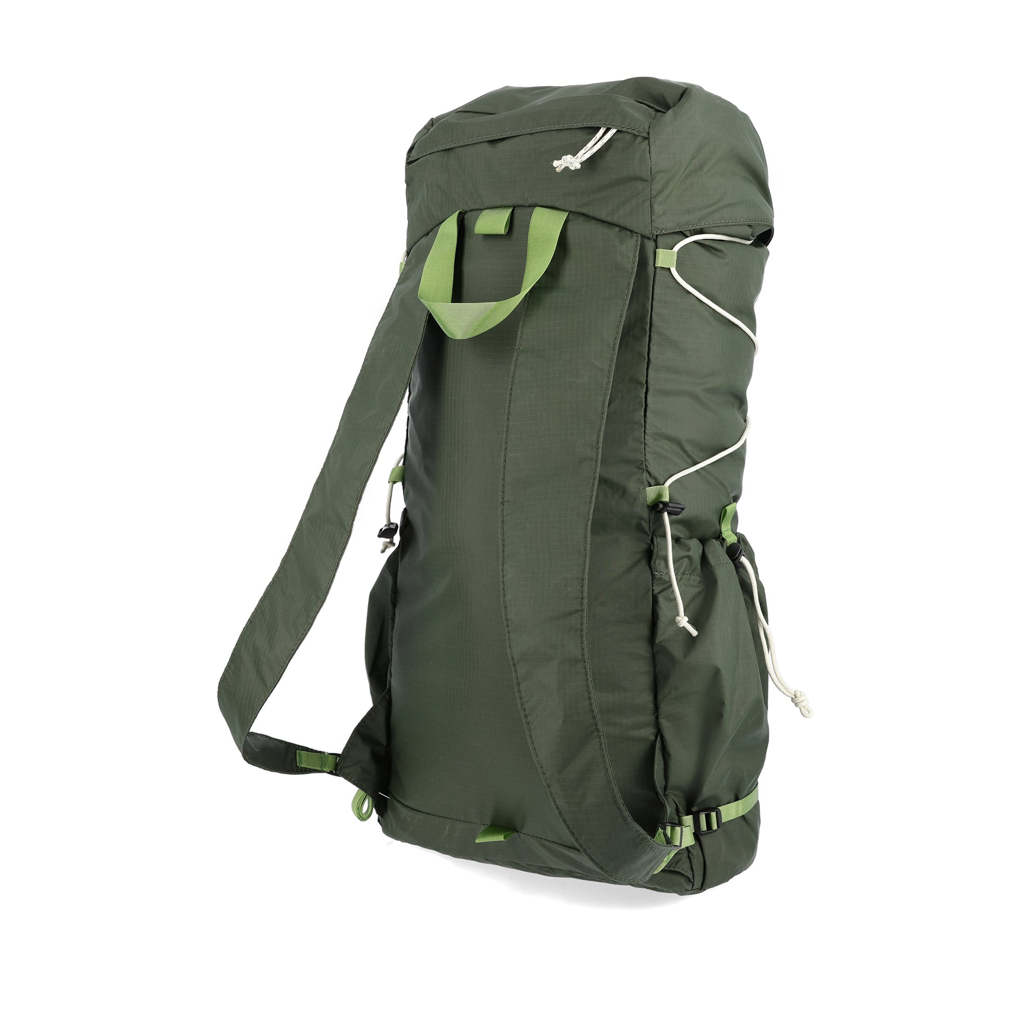 Back of Topo Designs TopoLite Cinch Pack 16L packable daypack backpack for travel in "olive" green.