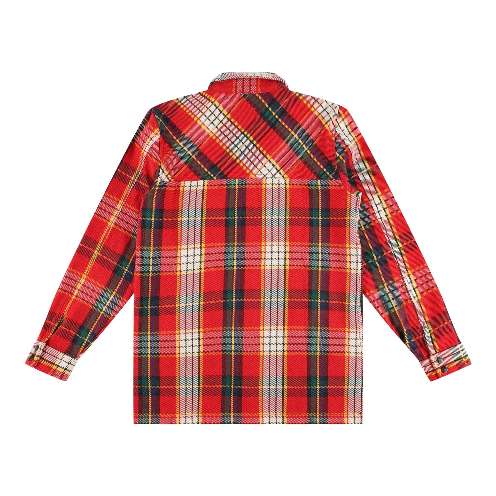 Back of Topo Designs Women's Mountain Shirt Jacket in "red / yellow plaid"