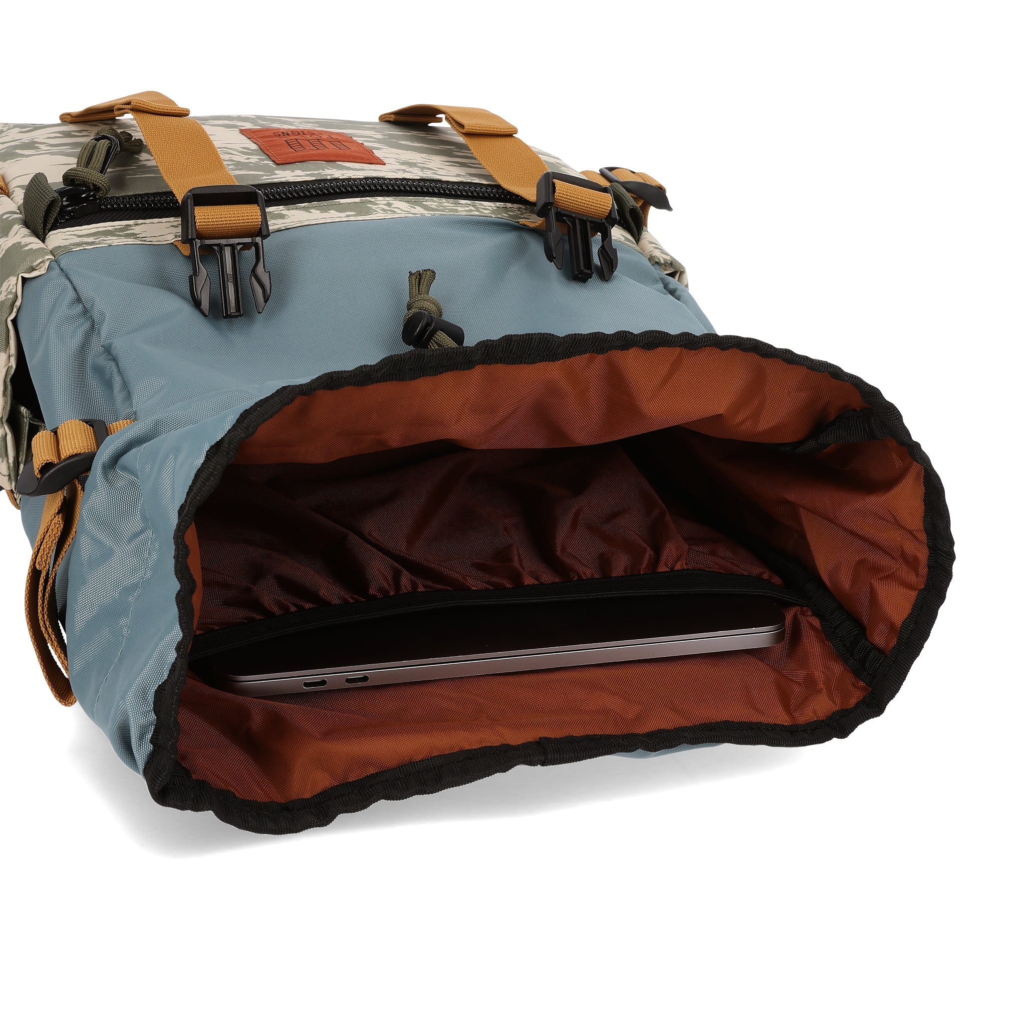 general shot Topo Designs Rover Pack Classic laptop backpack in "Printed Sand Multi".