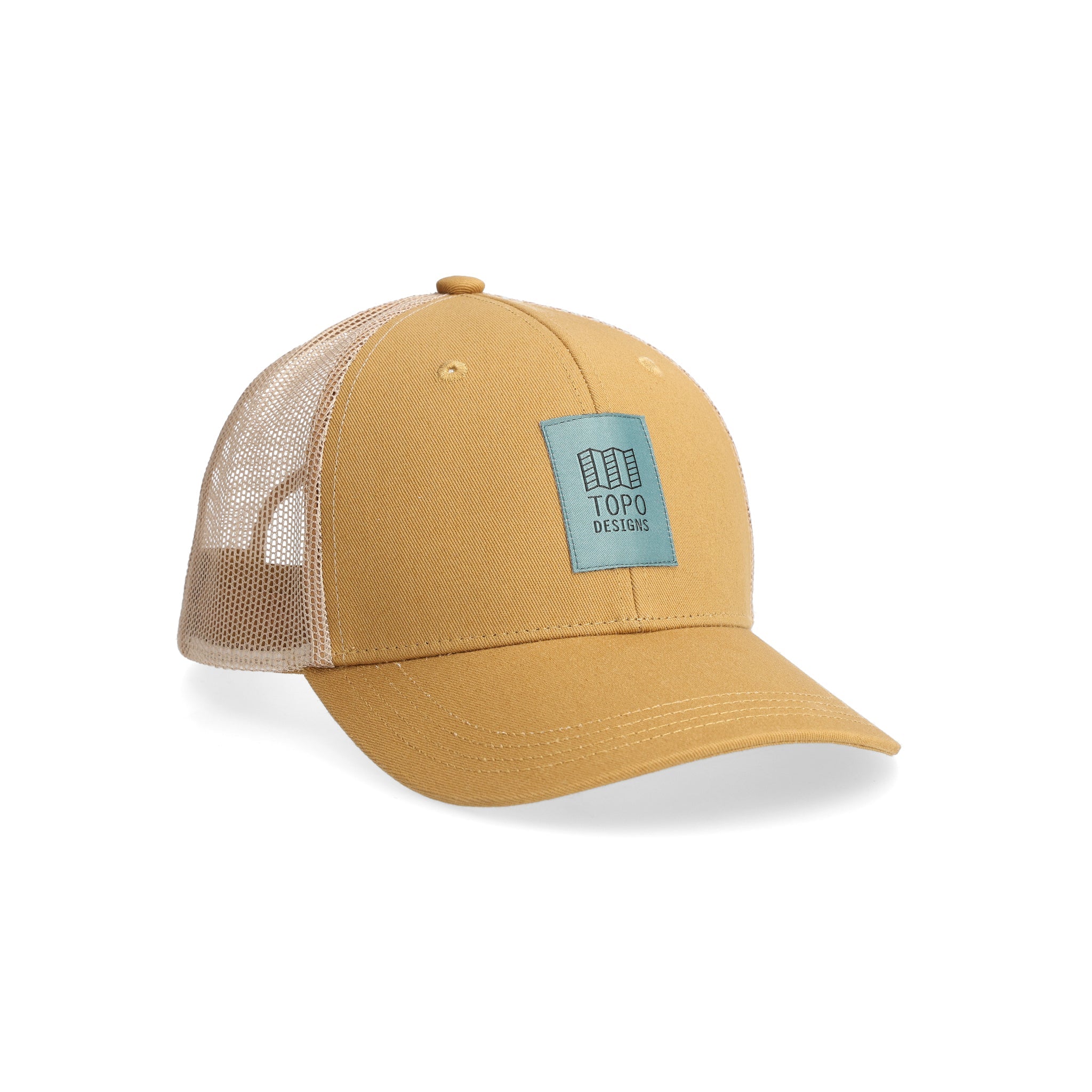 Topo Designs Trucker Hat with mesh back and original logo patch in "Khaki".