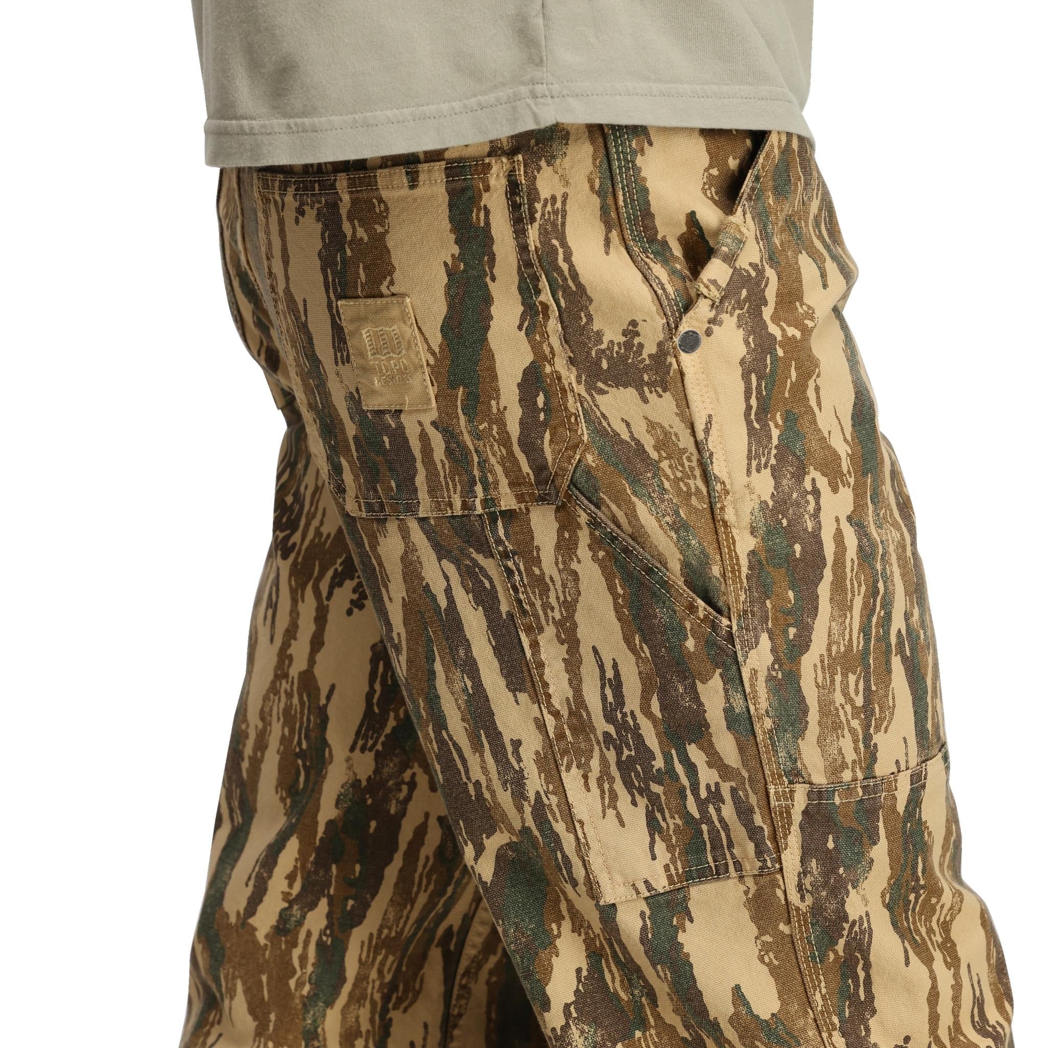 Detail shot of Topo Designs Dirt Utility Pants - Men's  in "Dirt Camo Print"