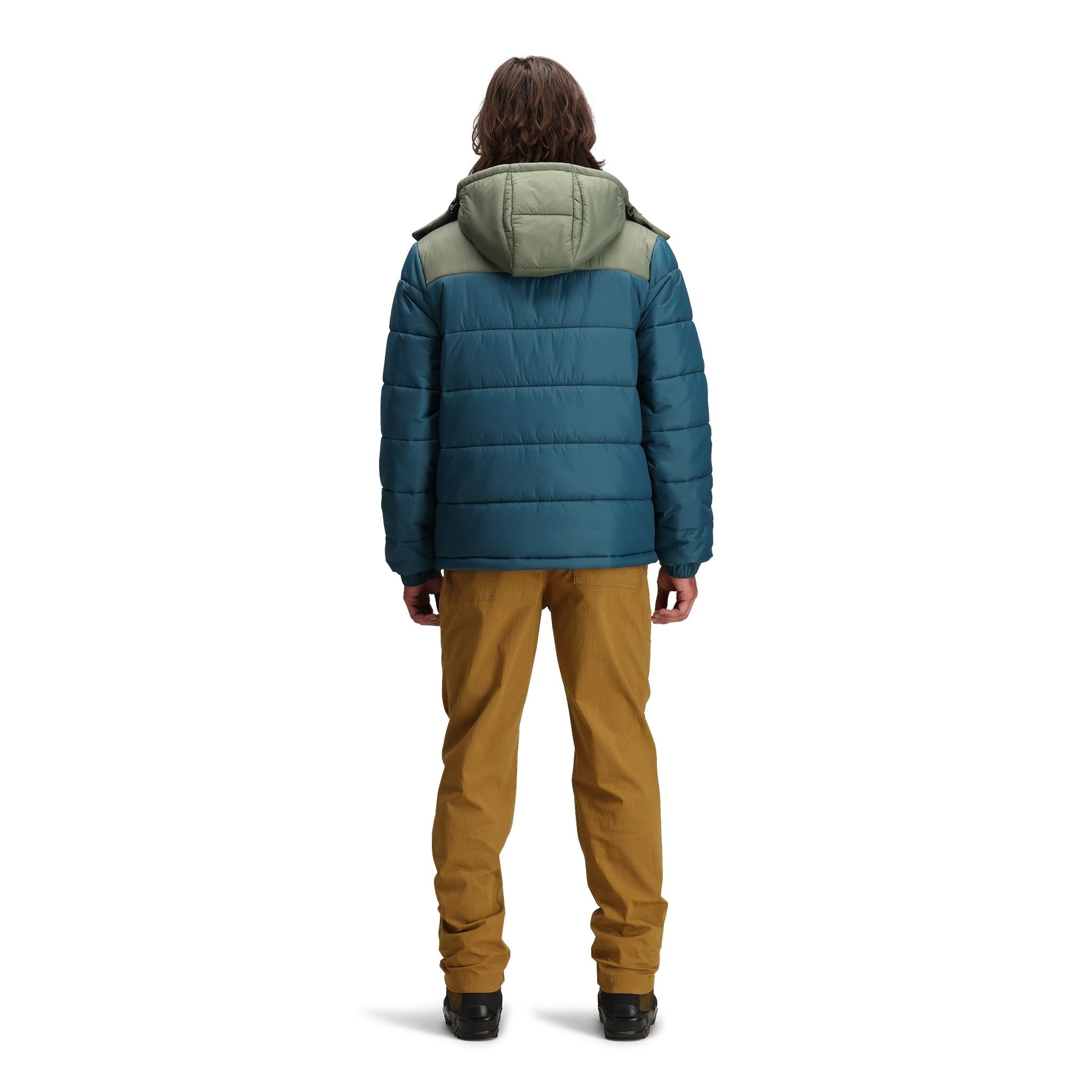 General back model shot of Topo Designs Retro Ridge Puffer Jacket - Men's  in "Pond Blue / Beetle"