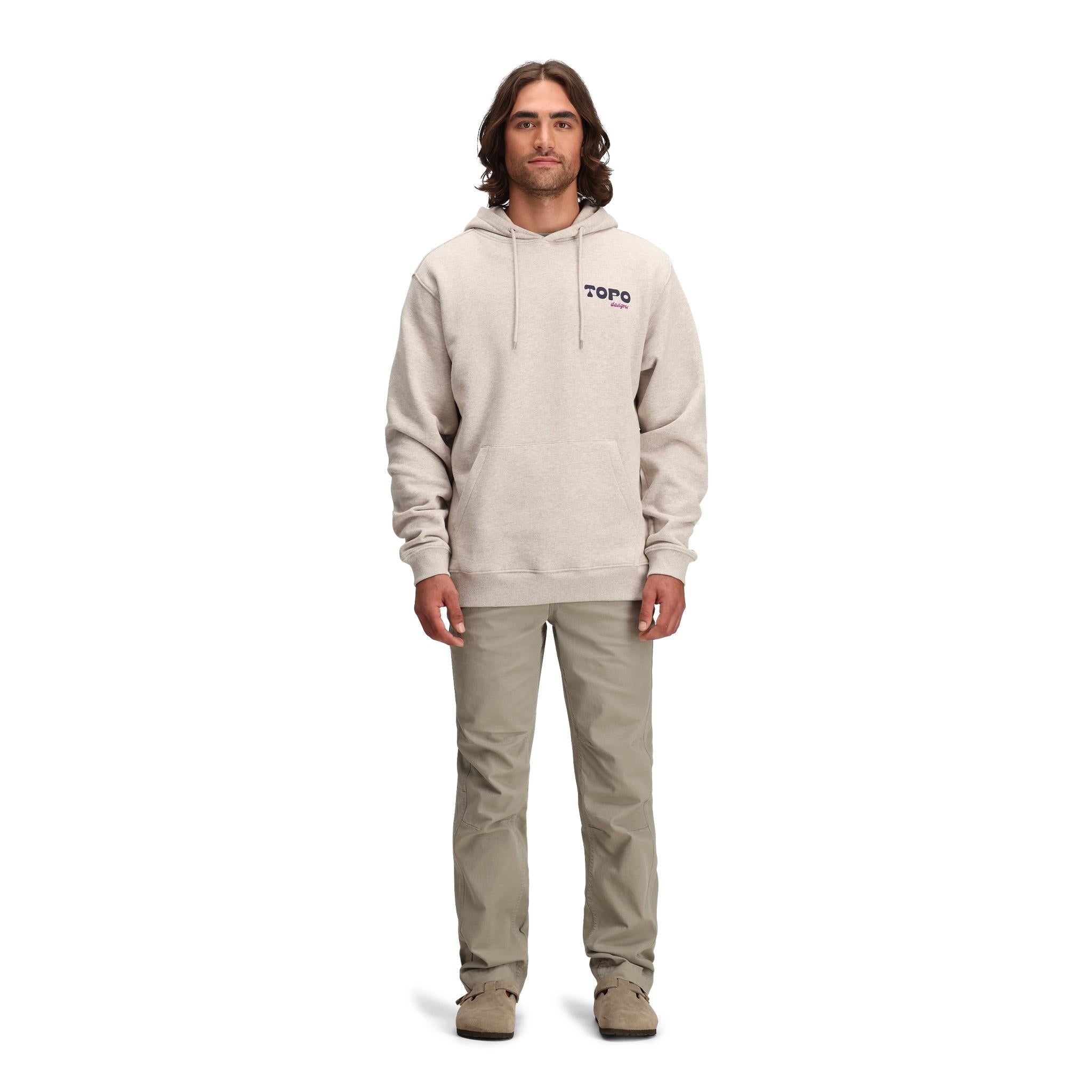 General front model shot of Topo Designs Alpine High Hoodie - Heat Waves in "Oatmeal Heather"