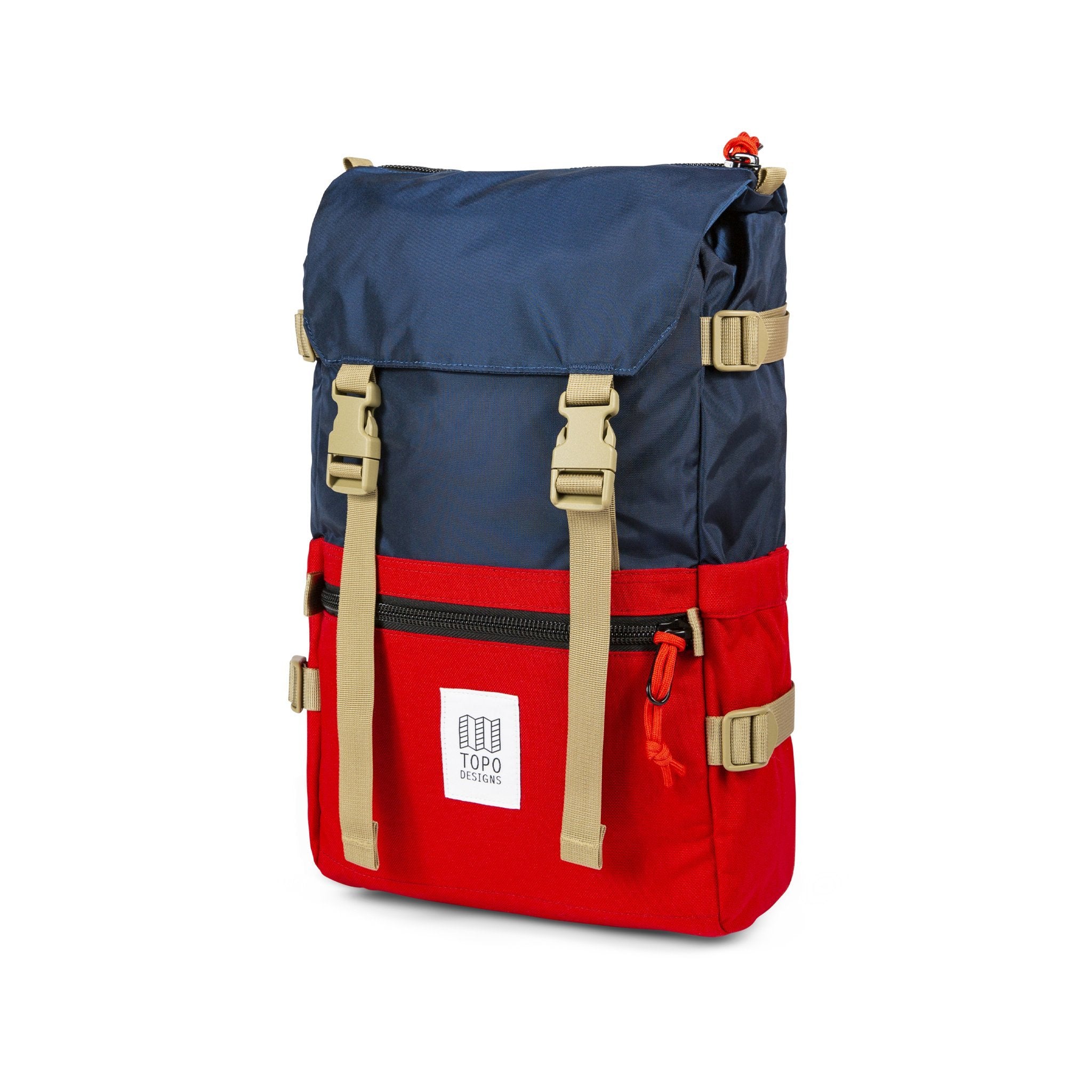 3/4 Front Product Shot of the Topo Designs Rover Pack Classic in "Navy / Red".