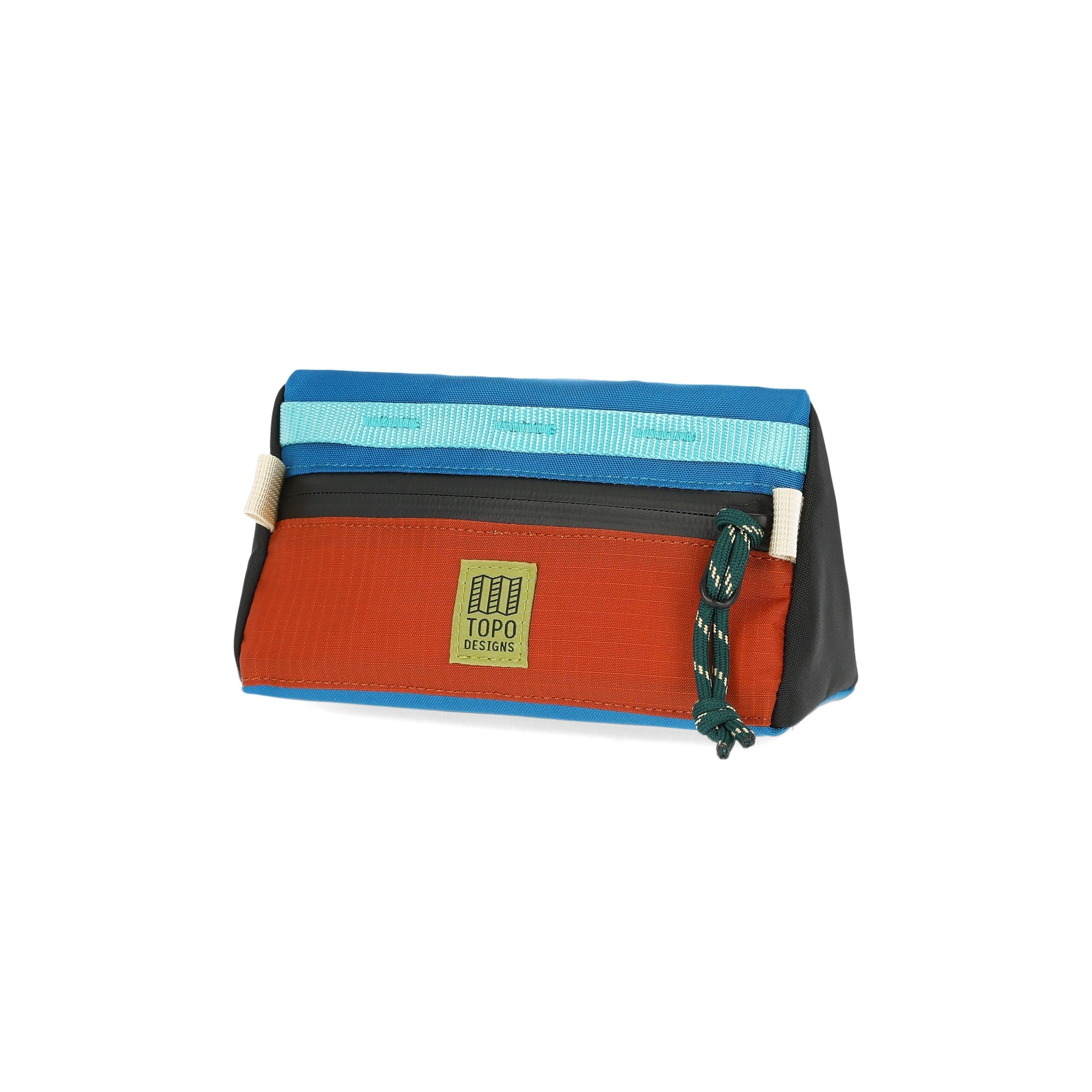 Topo Designs Bike Bag Mini Mountain bicycle handlebar bag in "Clay / Blue" lightweight recycled nylon.