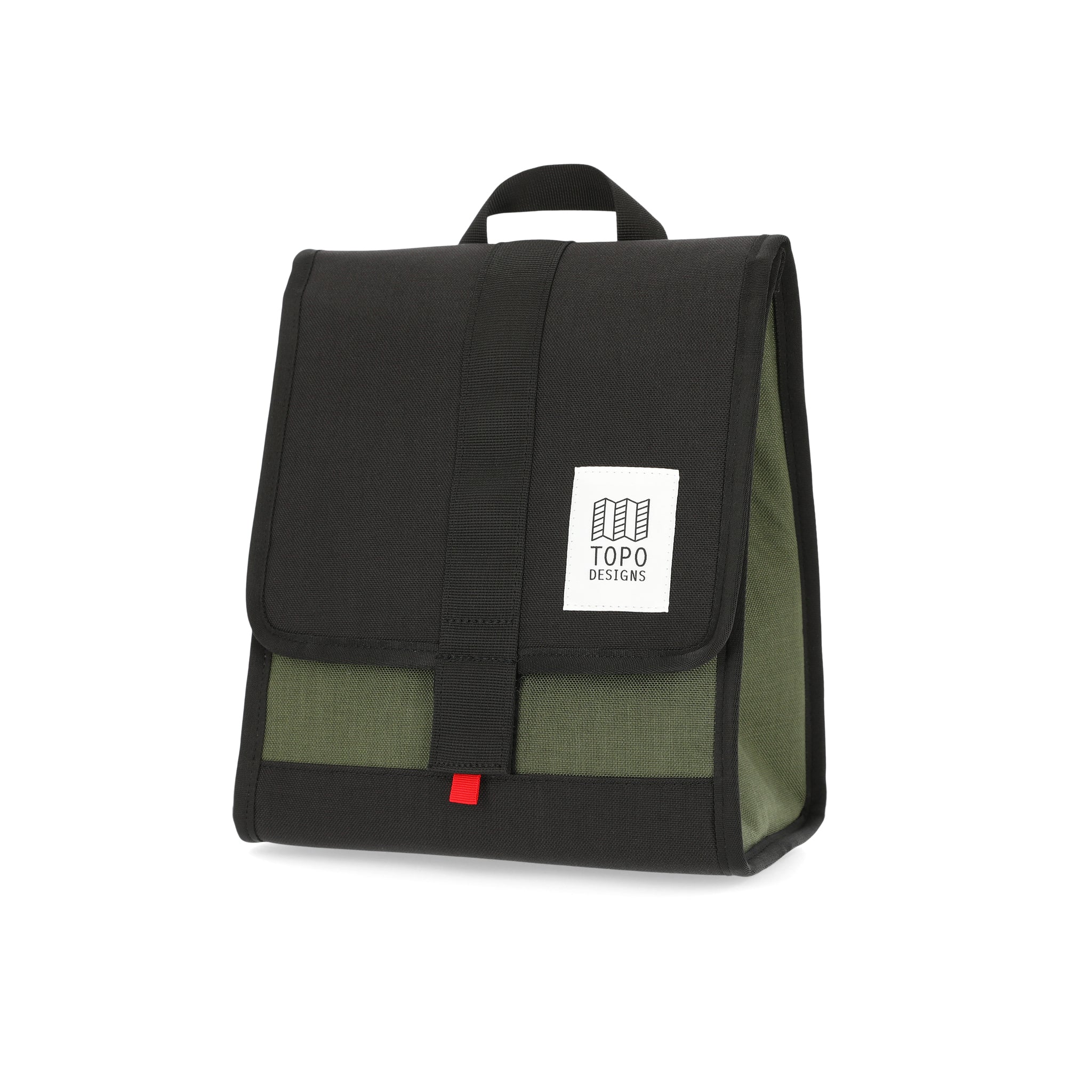 Topo Designs Cooler Bag insulated lunch box in "Olive / Black" recycled nylon.