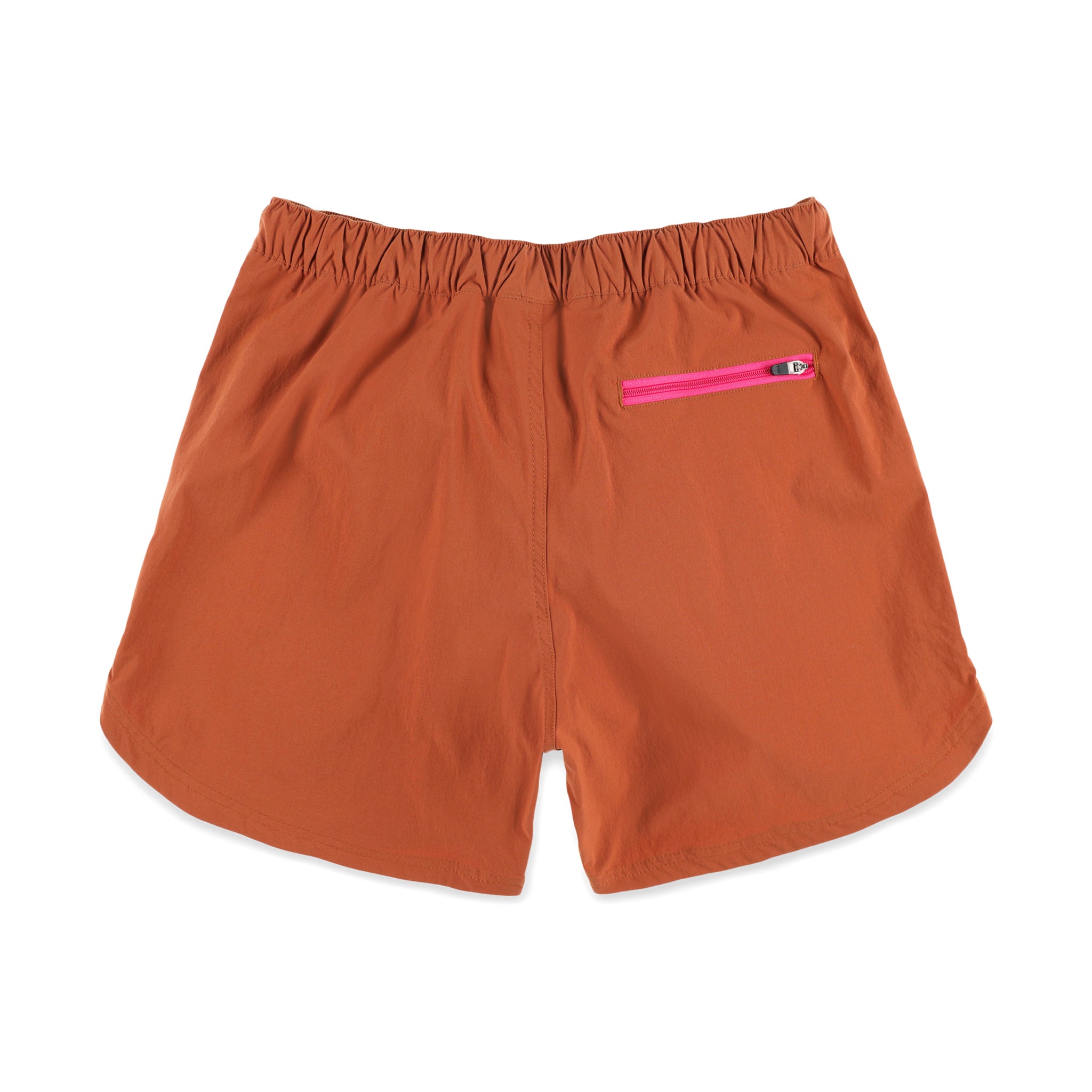 Back zipper pocket on Topo Designs Women's River quick-dry swim Shorts in "Brick" orange.