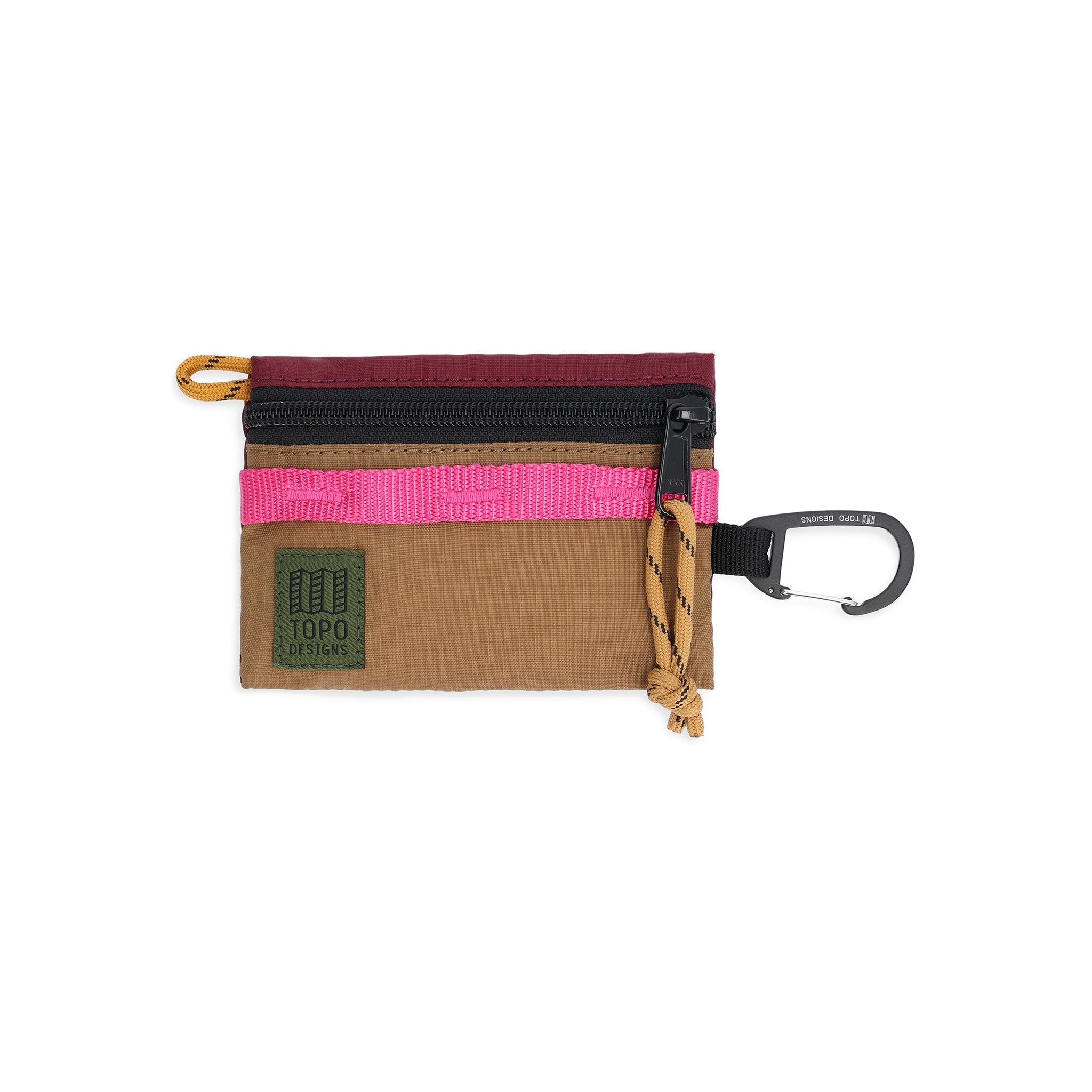 Topo Designs Mountain Accessory Bag carabiner clip pouch keychain wallet in "Burgundy / Dark Khaki" lightweight recycled nylon.