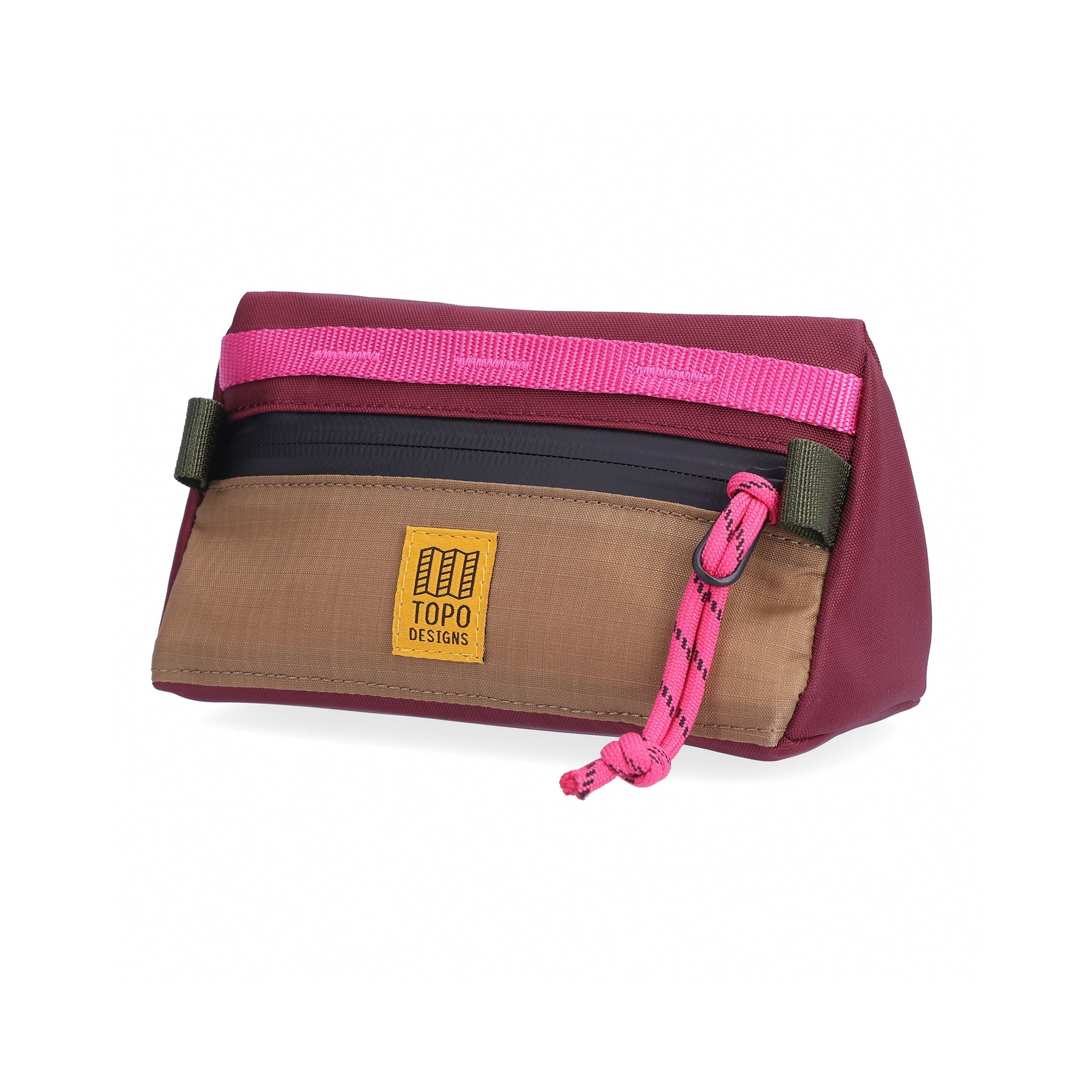 Topo Designs Bike Bag Mini Mountain bicycle handlebar bag in "Burgundy / Dark Khaki " lightweight recycled nylon.