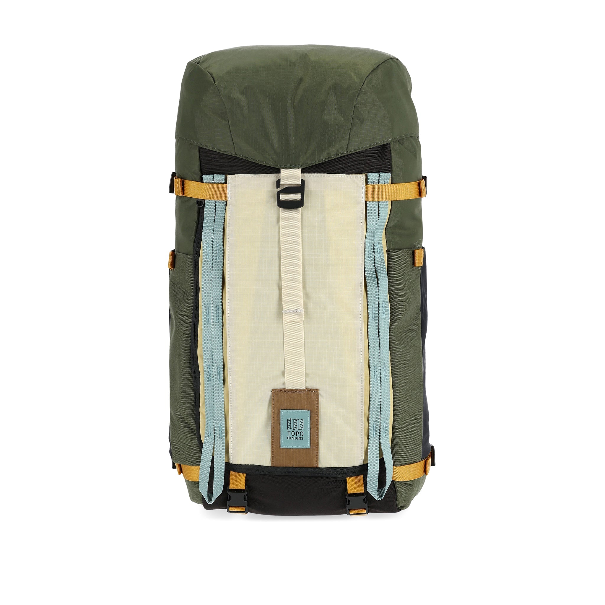 Front shot of Topo Designs Mountain Pack 28L hiking backpack with external laptop sleeve access in lightweight recycled "Bone White / Olive" nylon.