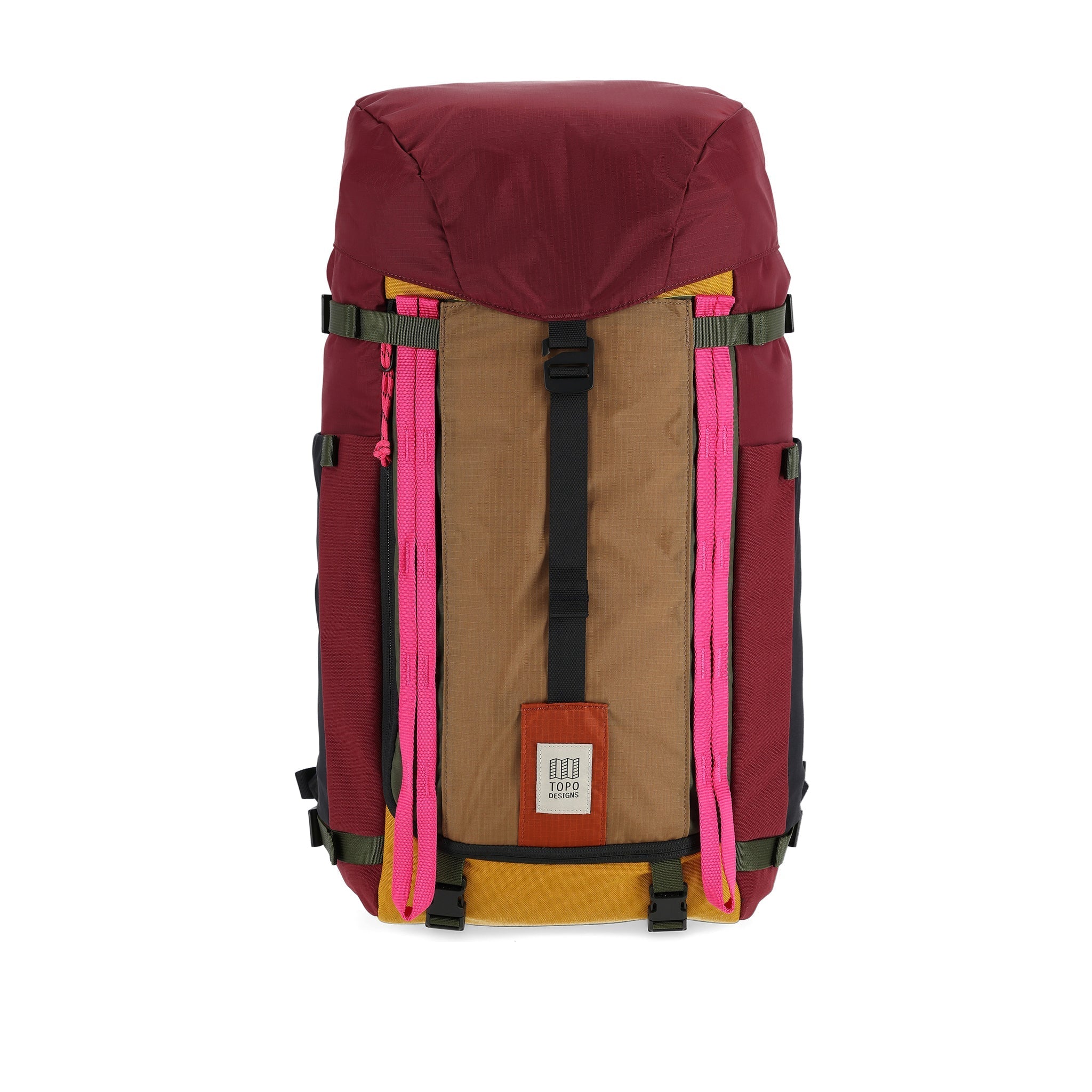 Front shot of Topo Designs Mountain Pack 28L hiking backpack with external laptop sleeve access in lightweight recycled "Burgundy / Dark Khaki" nylon.