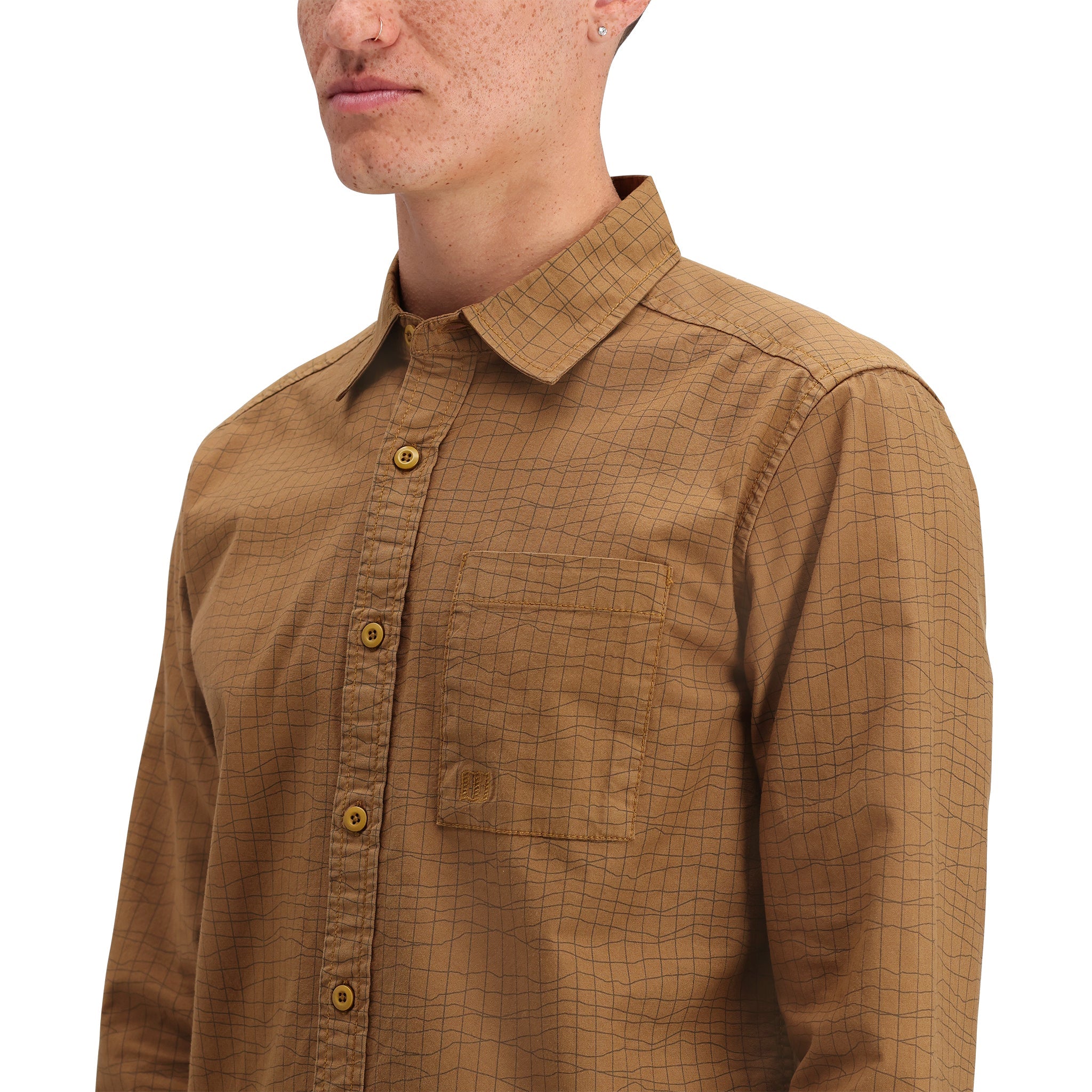 Detail shot of Topo Designs Dirt Desert Shirt - Men's  in "Dark Khaki Terrain"