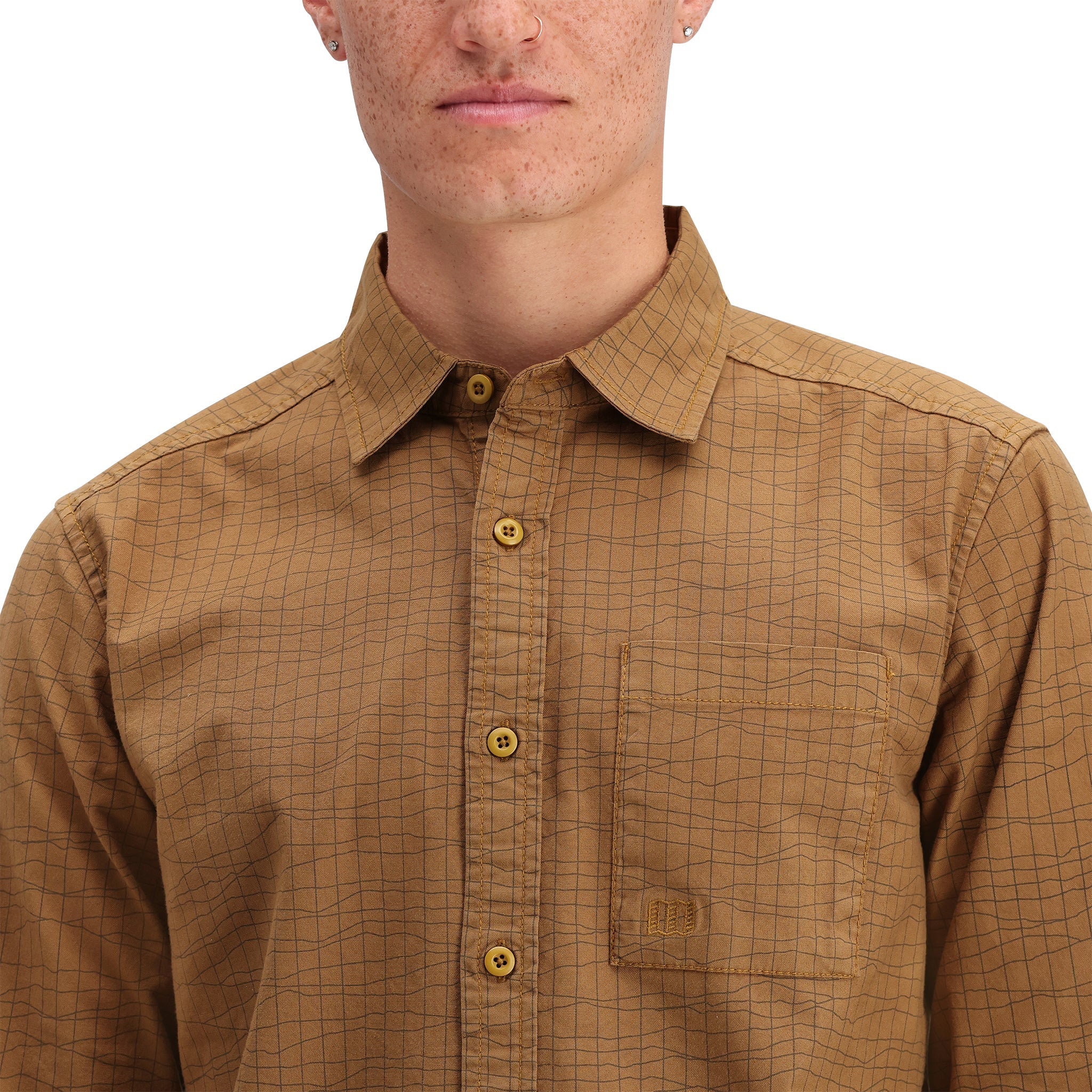 Detail shot of Topo Designs Dirt Desert Shirt - Men's  in "Dark Khaki Terrain"