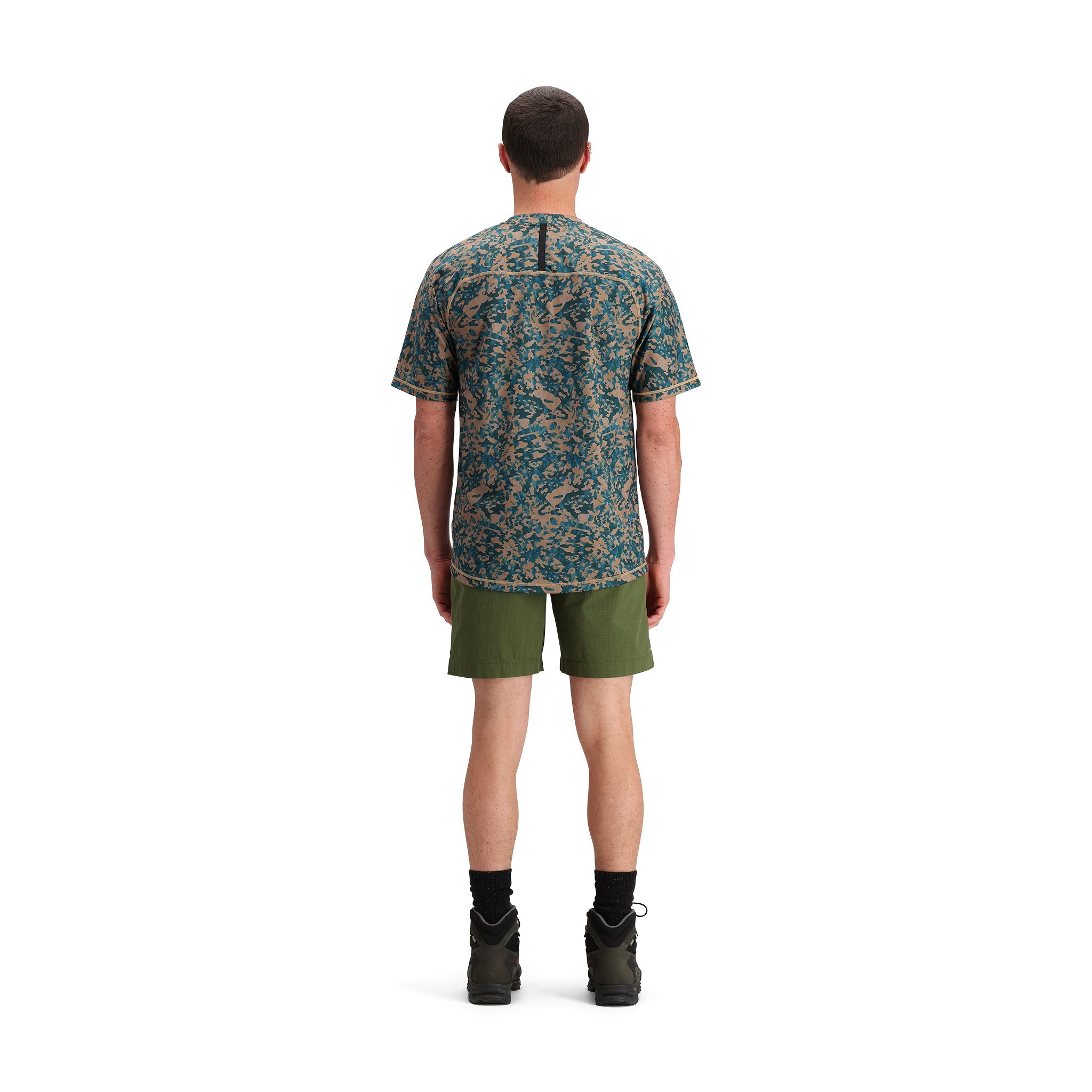 General back model shot of Topo Designs Mountain Short Ripstop - Men's in "Olive"