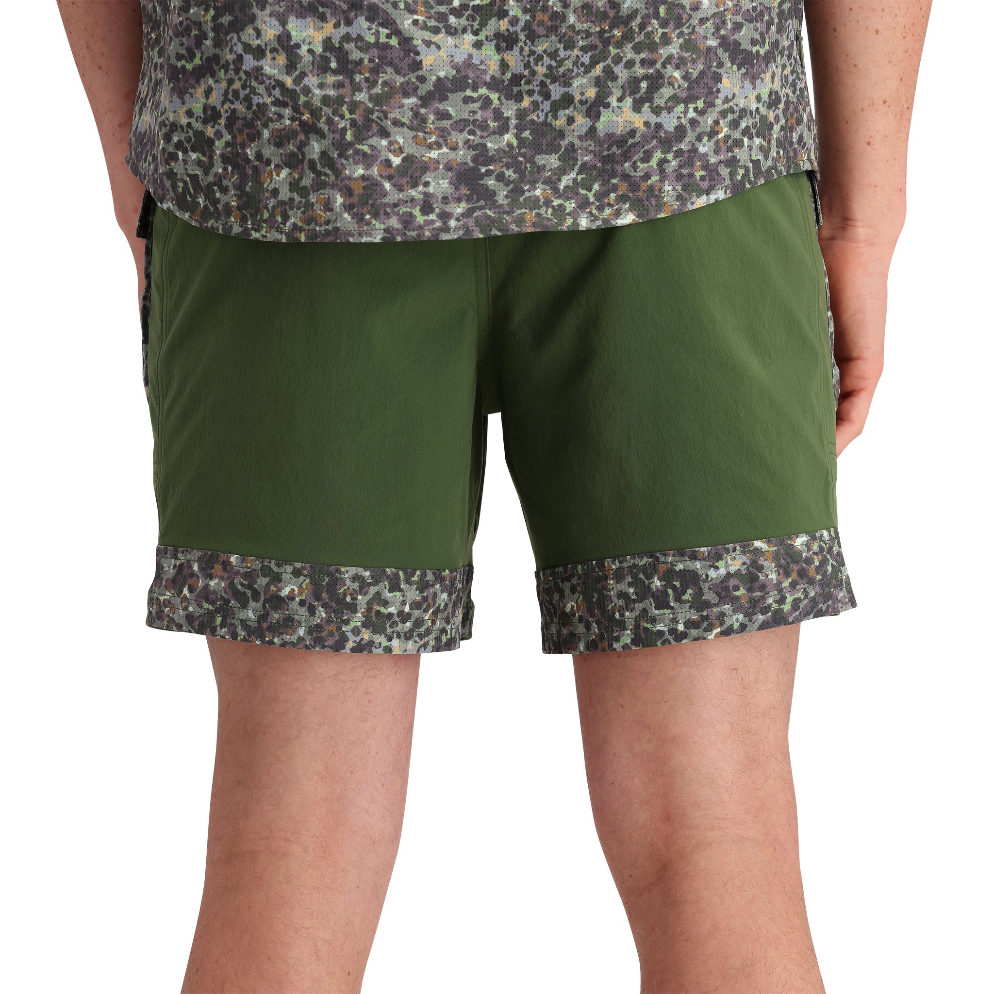 Detail shot of Topo Designs Retro River Shorts - Men's in "Olive / Meteor"