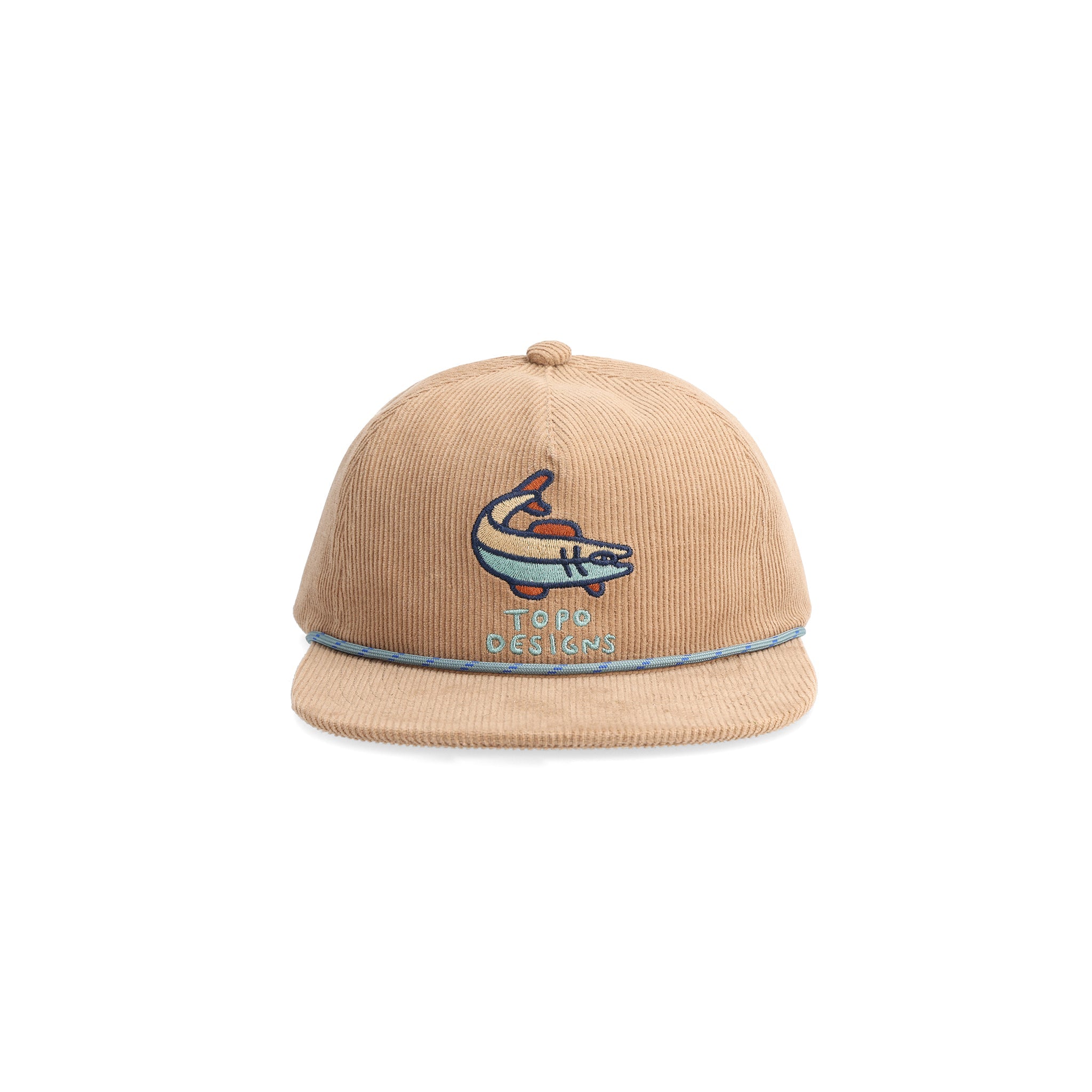 Front View of Topo Designs Corduroy Trucker Hat - Poudre River in "Dark Khaki"