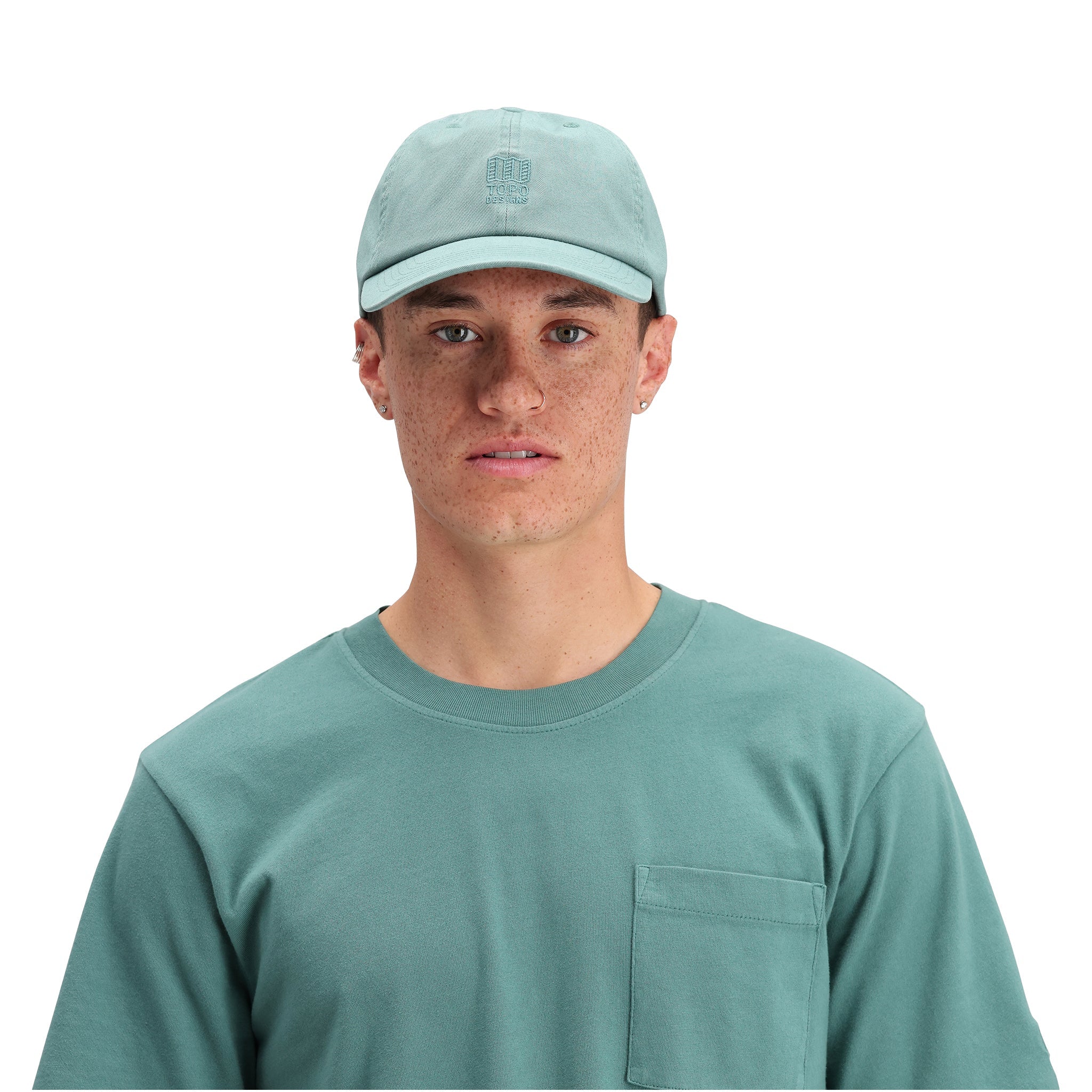 General front model shot of Topo Designs Dirt Ballcap in "Sea Pine"