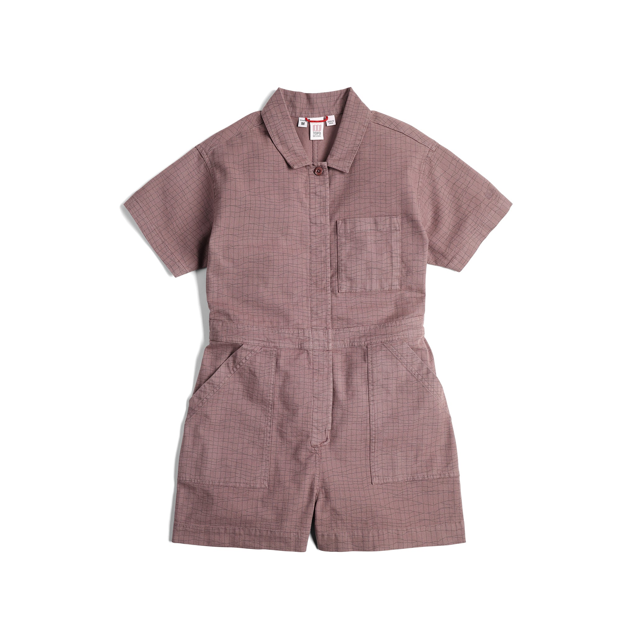 Front View of Topo Designs Dirt Romper - Women's in "Peppercorn Terrain"