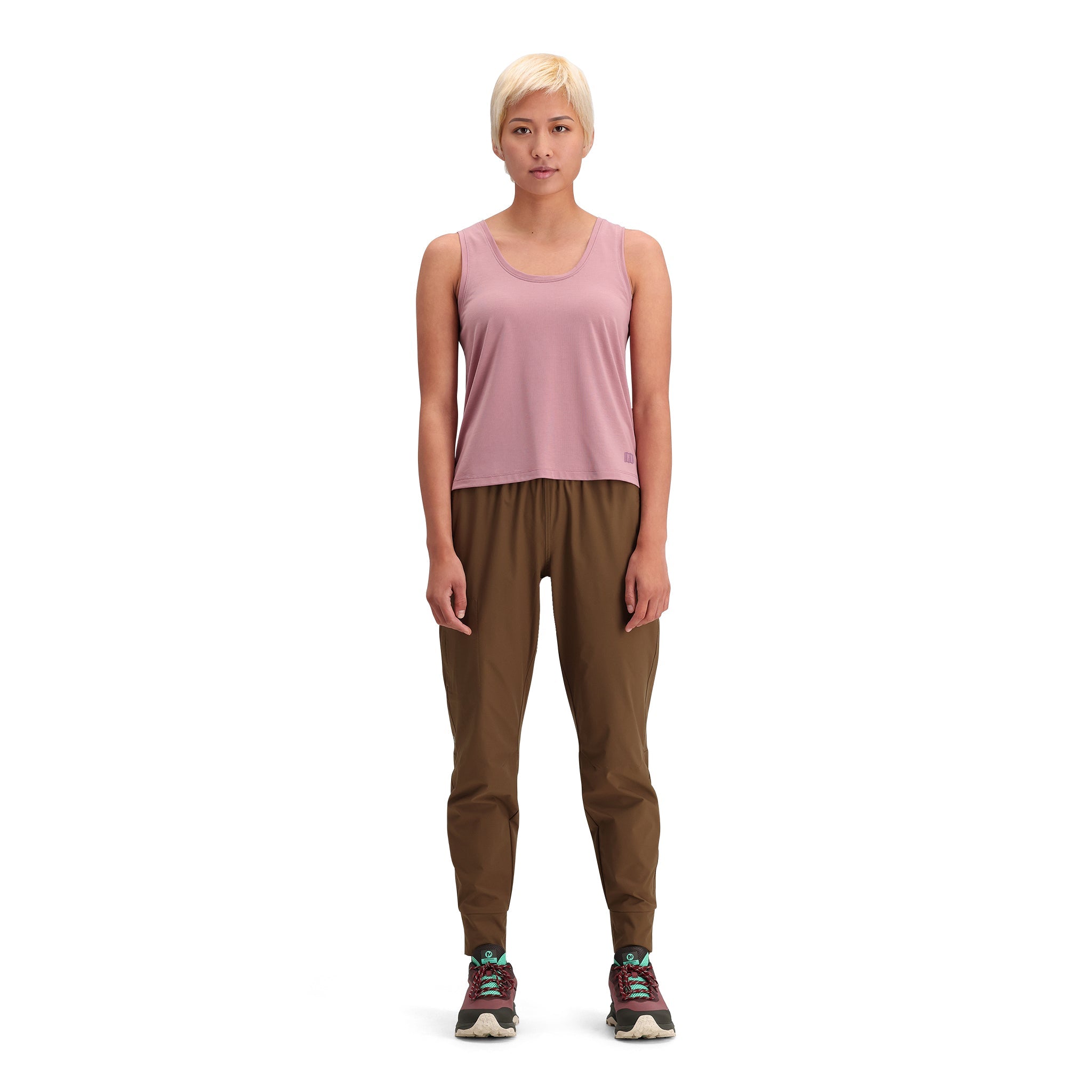 General front model shot of Topo Designs Global Flip Reverse Tek Tank - Women's in "Rose"