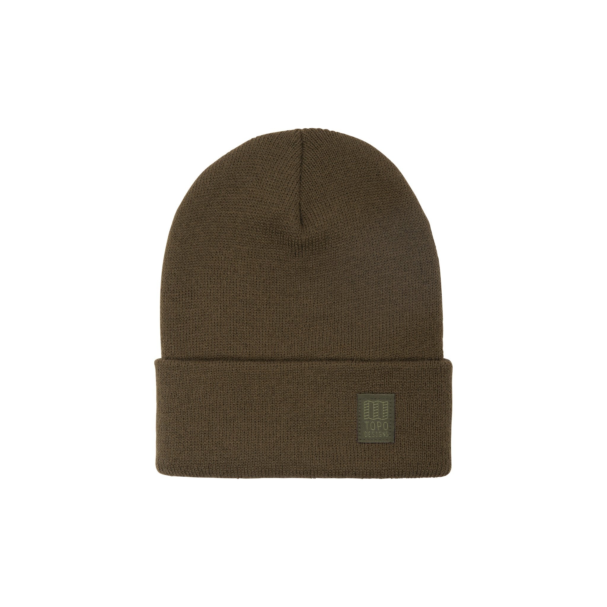 Topo Designs Work Cap cuffed beanie in "Olive" green.