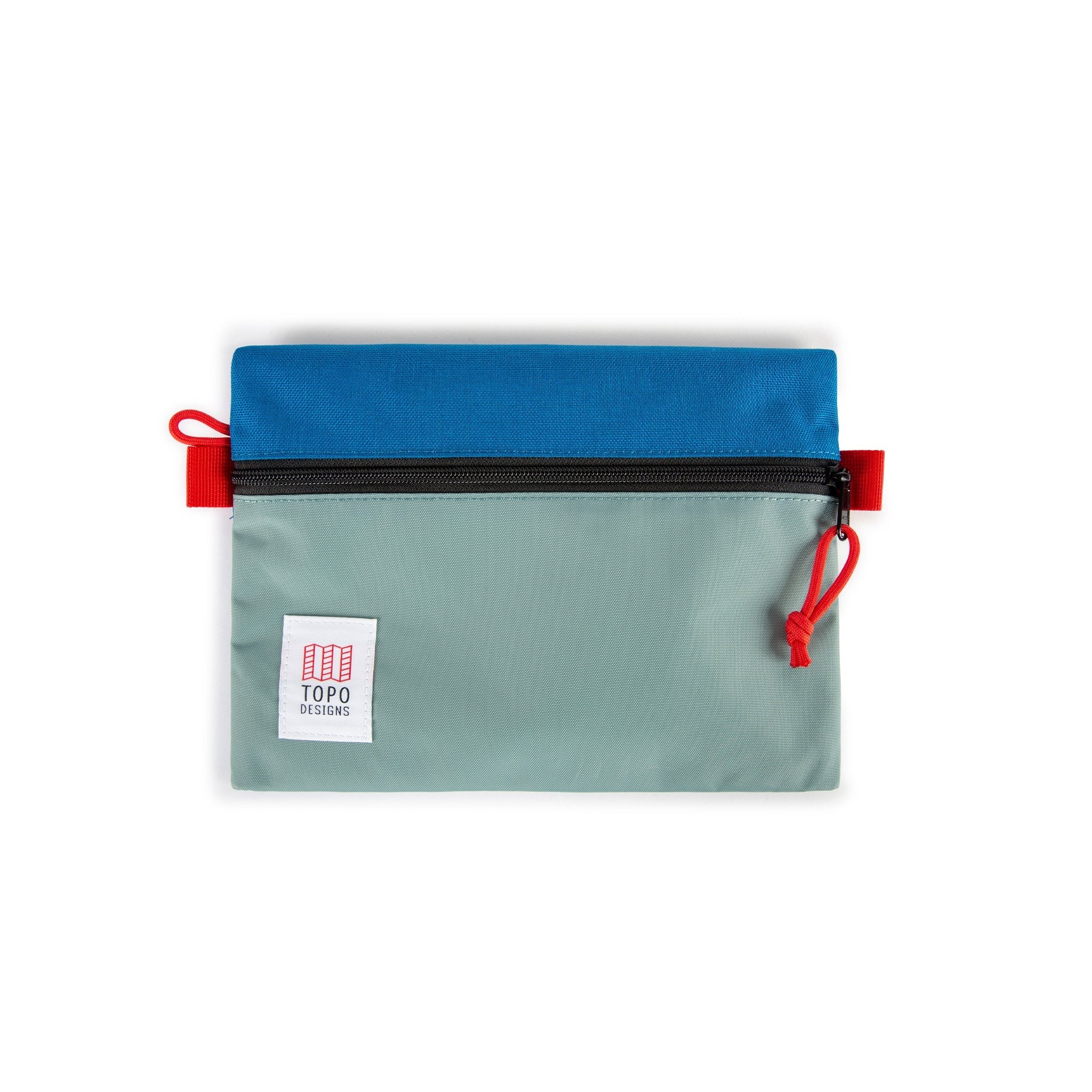 Topo Designs Accessory Bags in medium mineral blue.