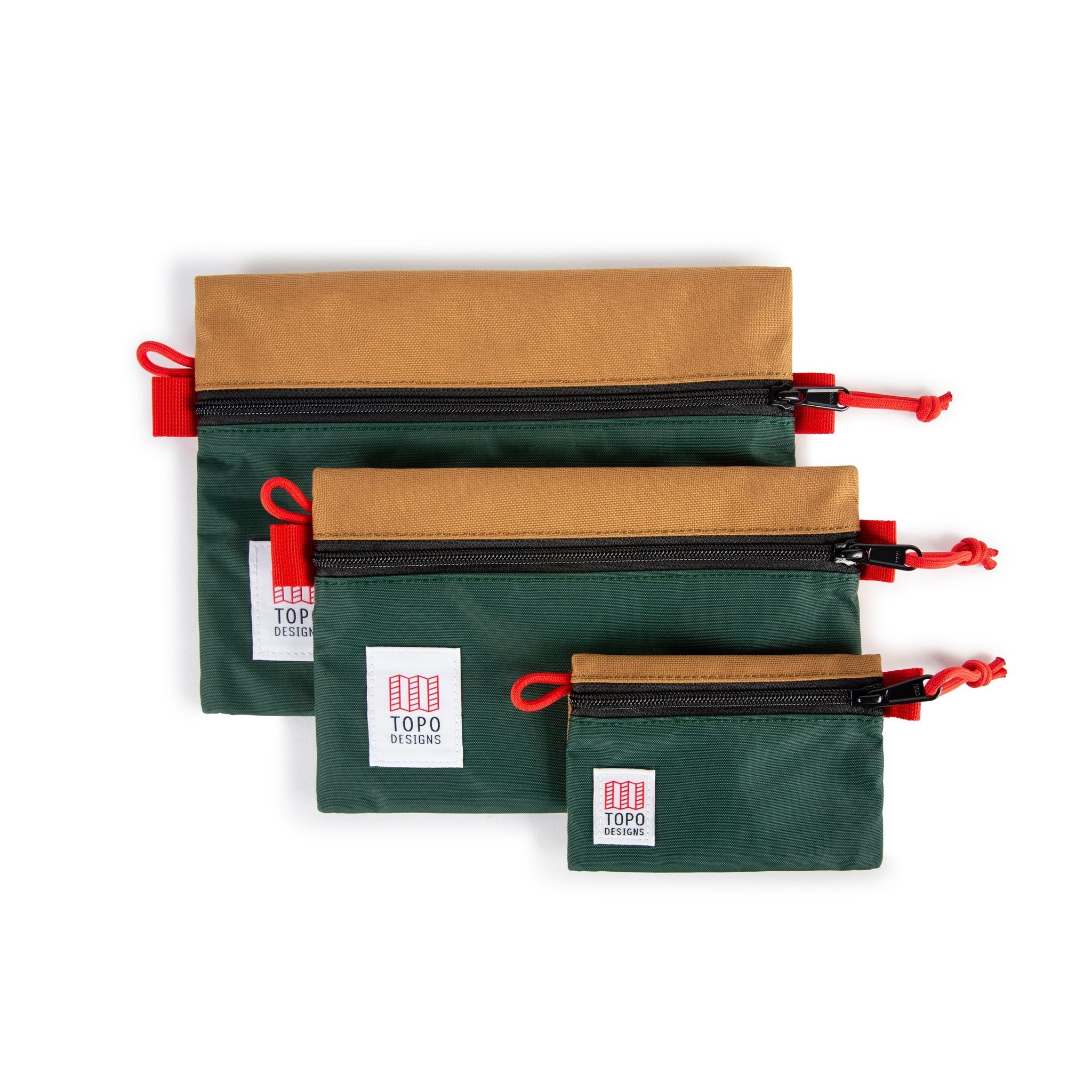 Topo Designs Accessory Bags- product shot of the medium, small, and micro accessory bags in forest green/khaki brown