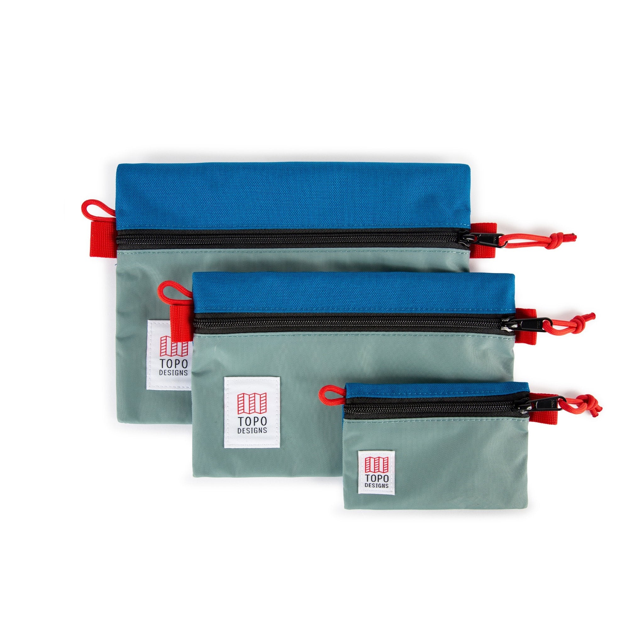 Topo Designs Accessory Bags- product shot of the medium, small, and micro accessory bags in mineral blue