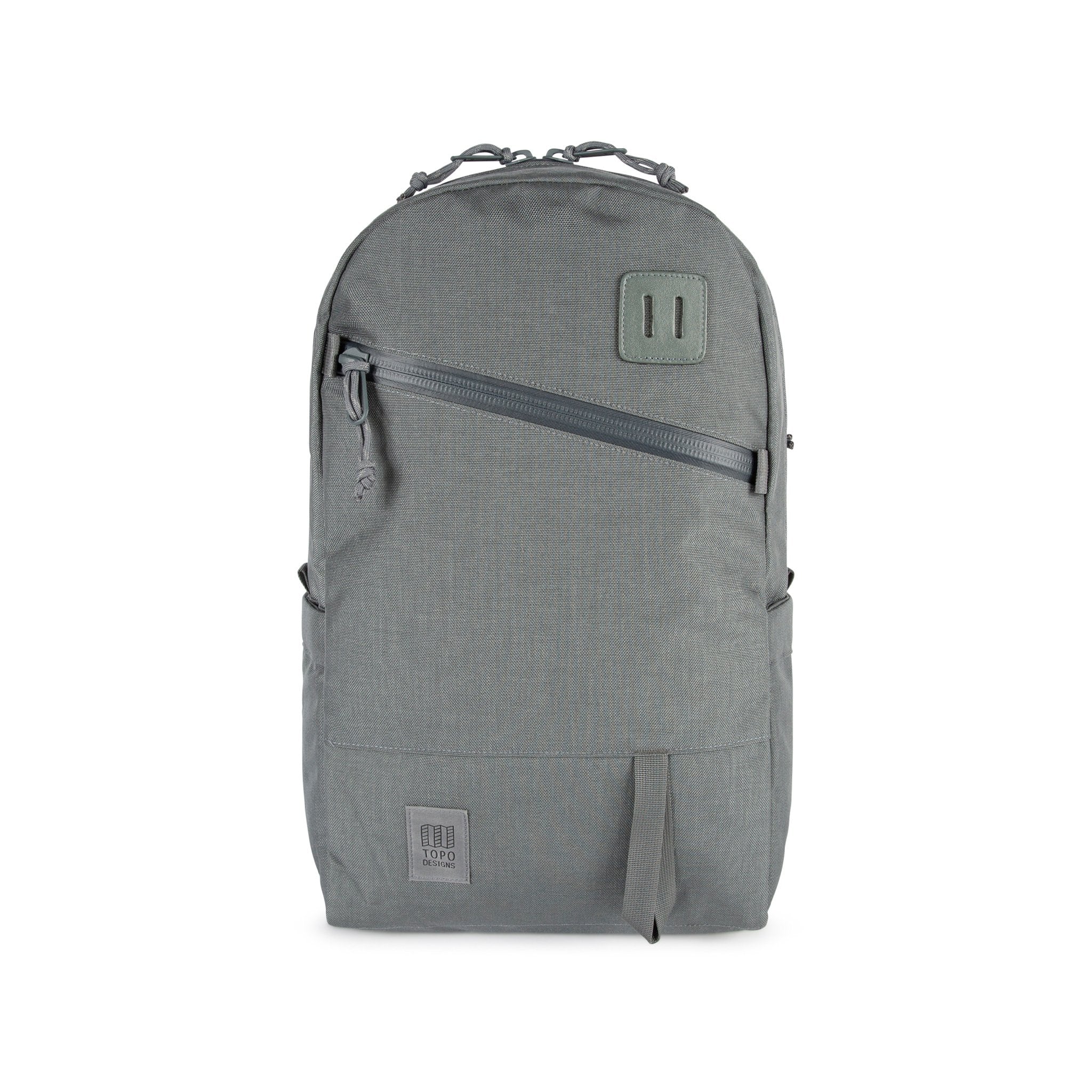 Topo Designs Daypack Tech 100% recycled nylon backpack with external laptop access in "Charcoal" gray.