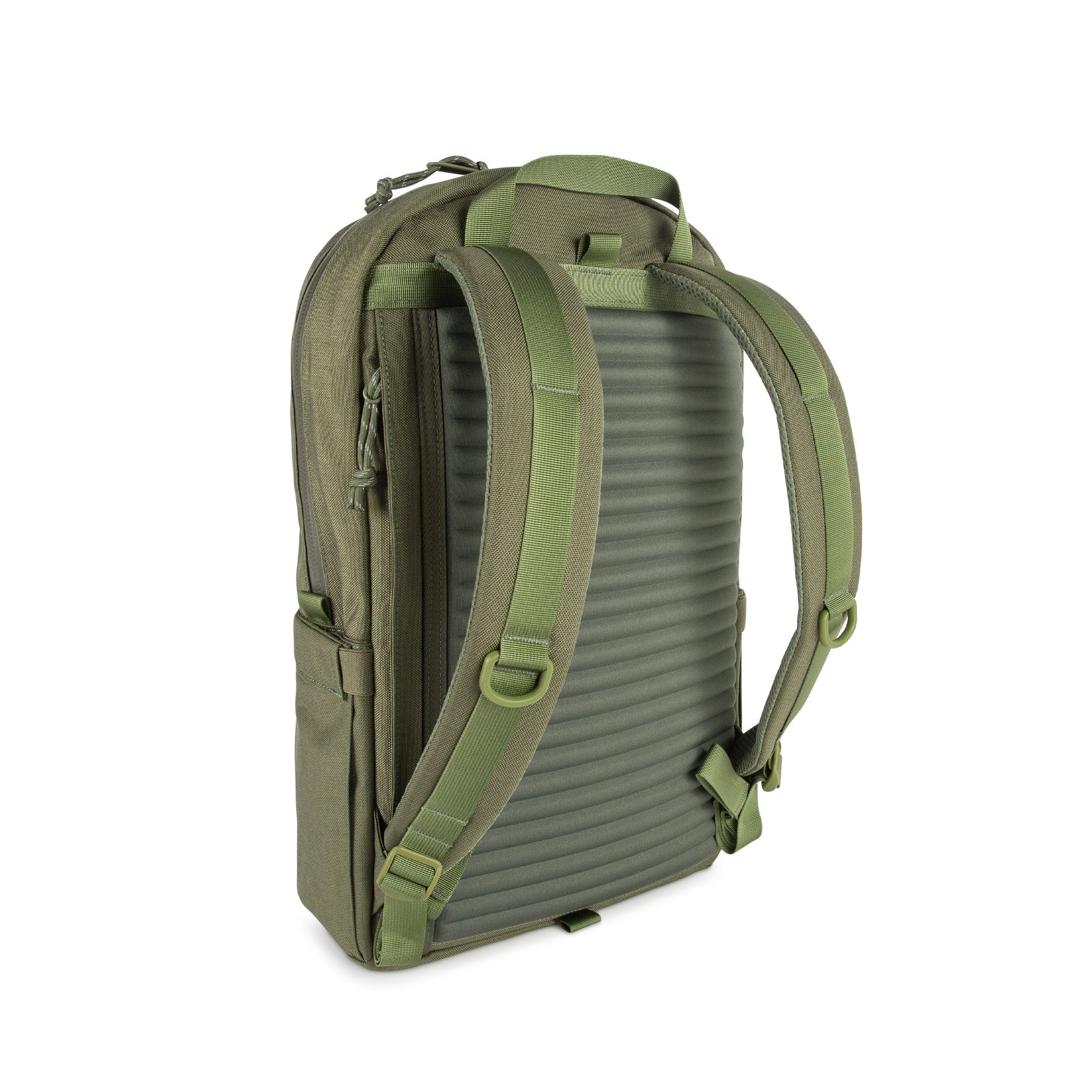 Padded RidgeBack™️ back panel and straps on Topo Designs Daypack Tech 100% recycled nylon backpack with external laptop access in "Olive" green.