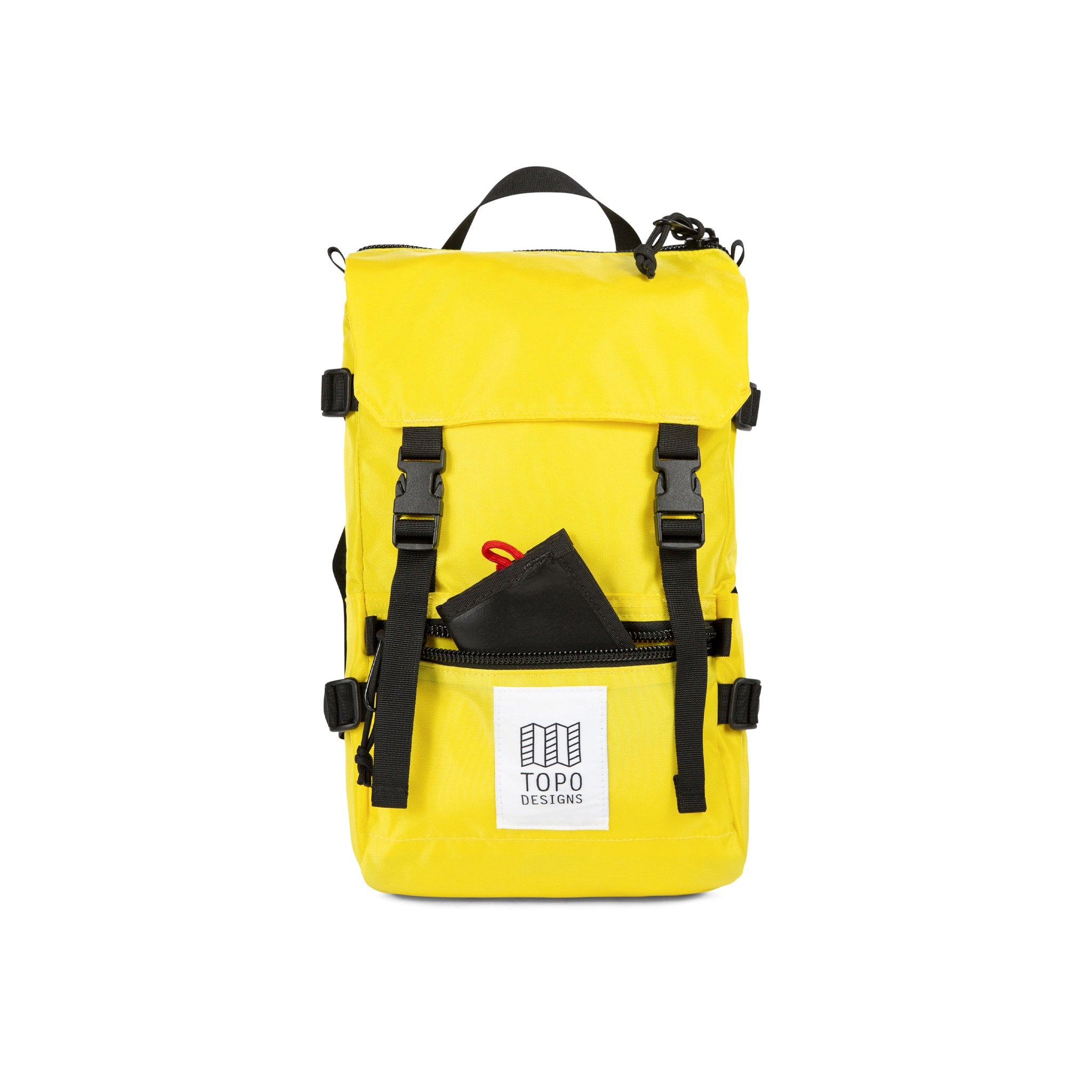 Front detail shot of the Topo Designs Rover Pack Mini in Yellow showing front zipper pocket