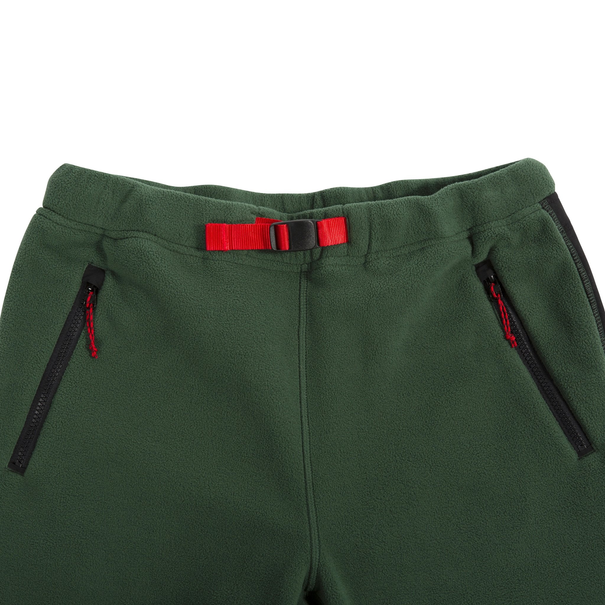 General detail shot of fleece pants waist in forest.