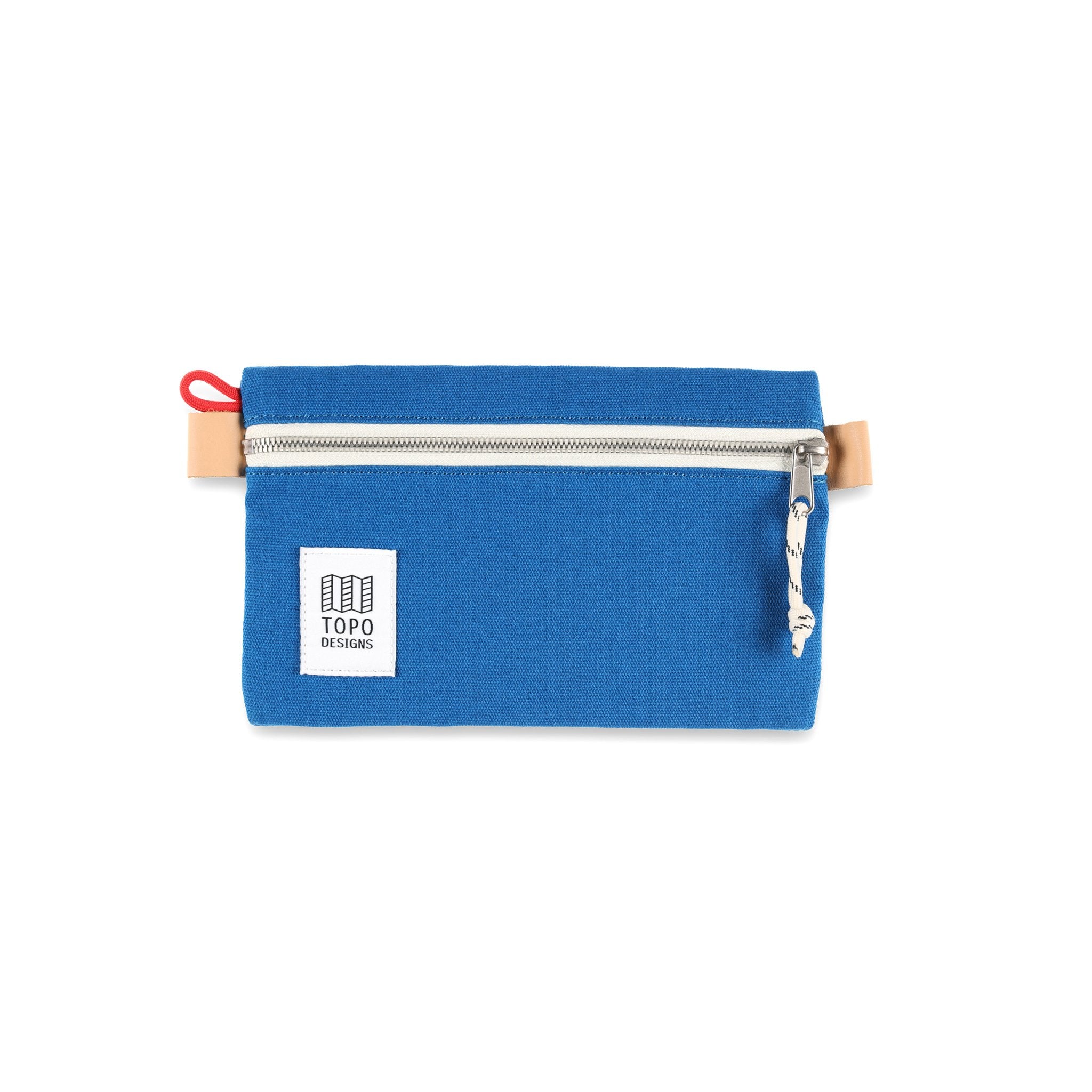 Topo Designs Accessory Bag Small in blue canvas.