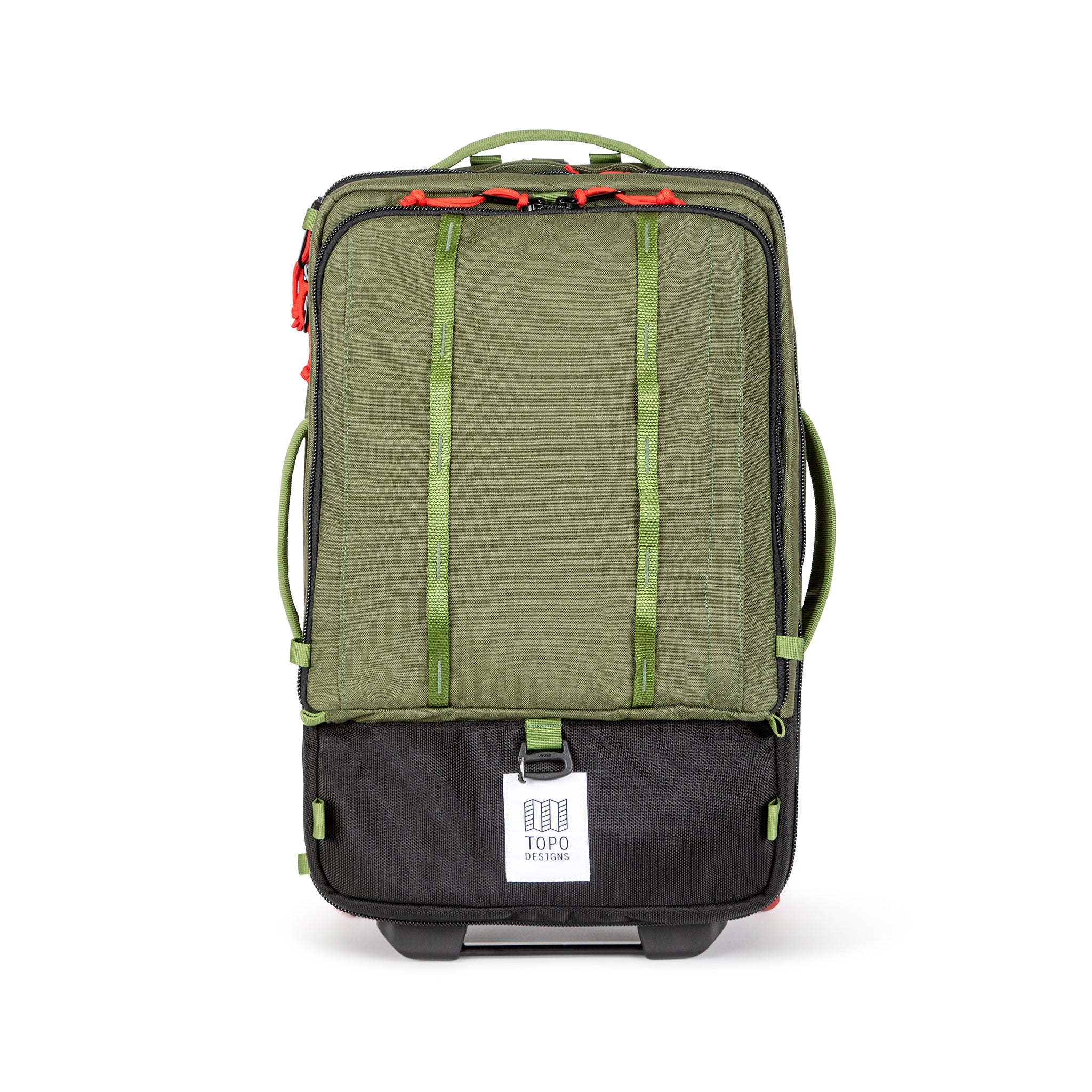 Topo Designs Global Travel Bag Roller durable carry-on convertible laptop backpack rolling suitcase in "Olive" green.
