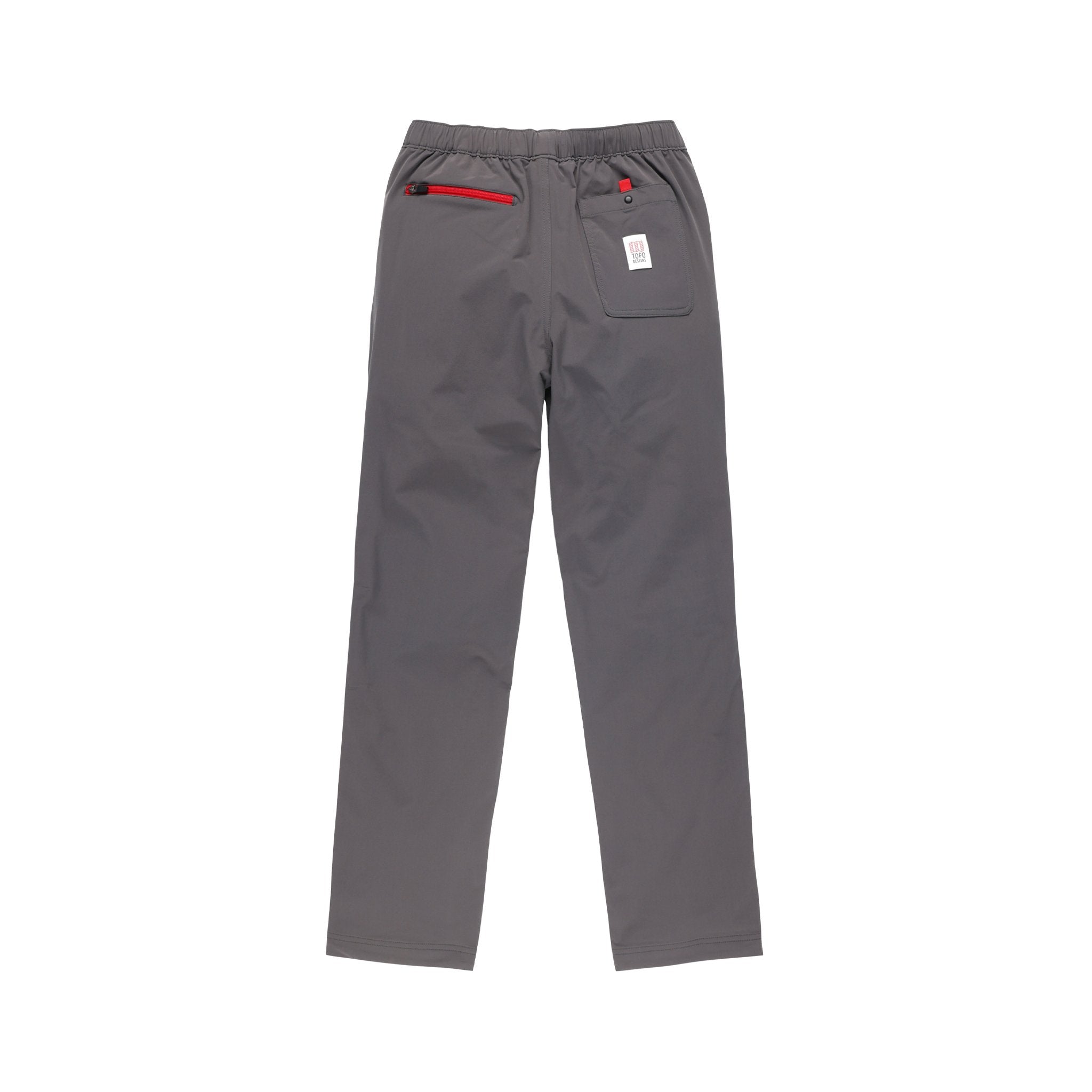 Back of Topo Designs Men's Boulder lightweight climbing & hiking pants in "Charcoal" gray showing zipper and snap pockets.