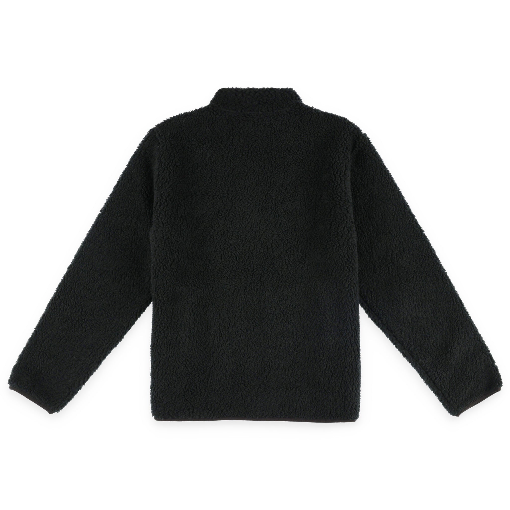 Back of Topo Designs Men's Sherpa fleece reversible Jacket in "Black" showing sherpa fleece side.