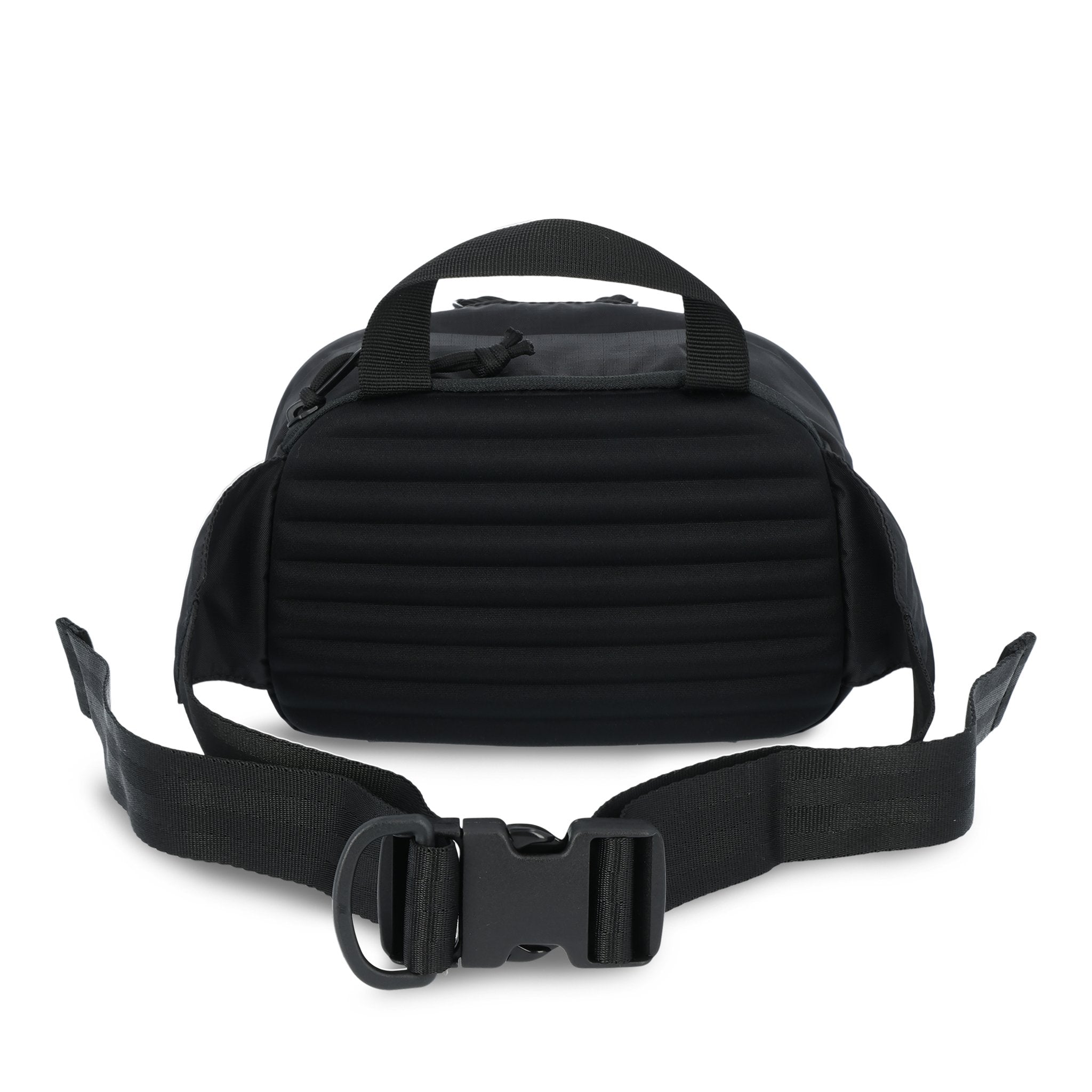 Padded RidgeBack back panel and waist belt on Topo Designs Mountain Hip Pack lumbar bum bag in Black.