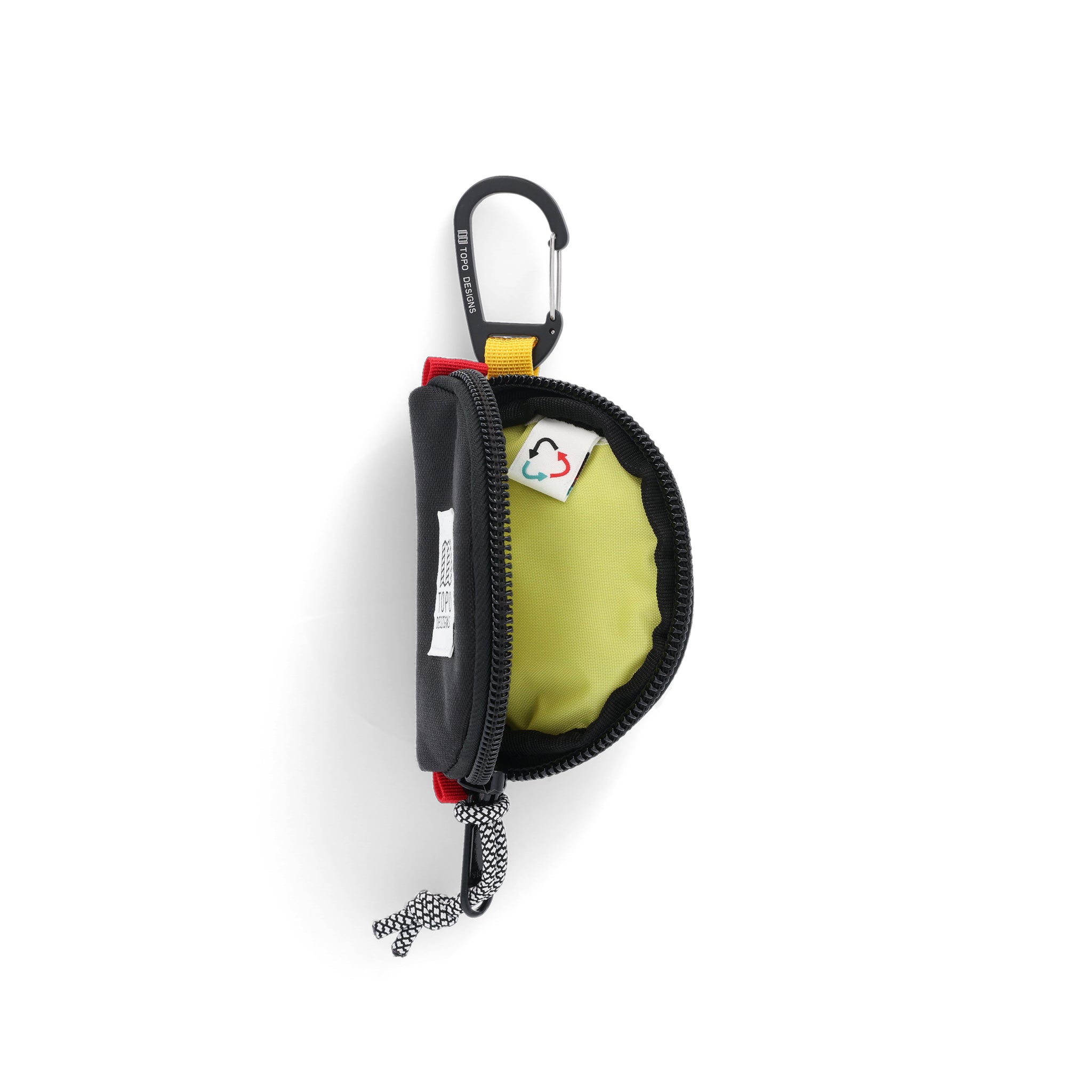 General shot of yellow interior of Topo Designs Taco Bag carabiner key clip keychain bag in recycled black nylon.