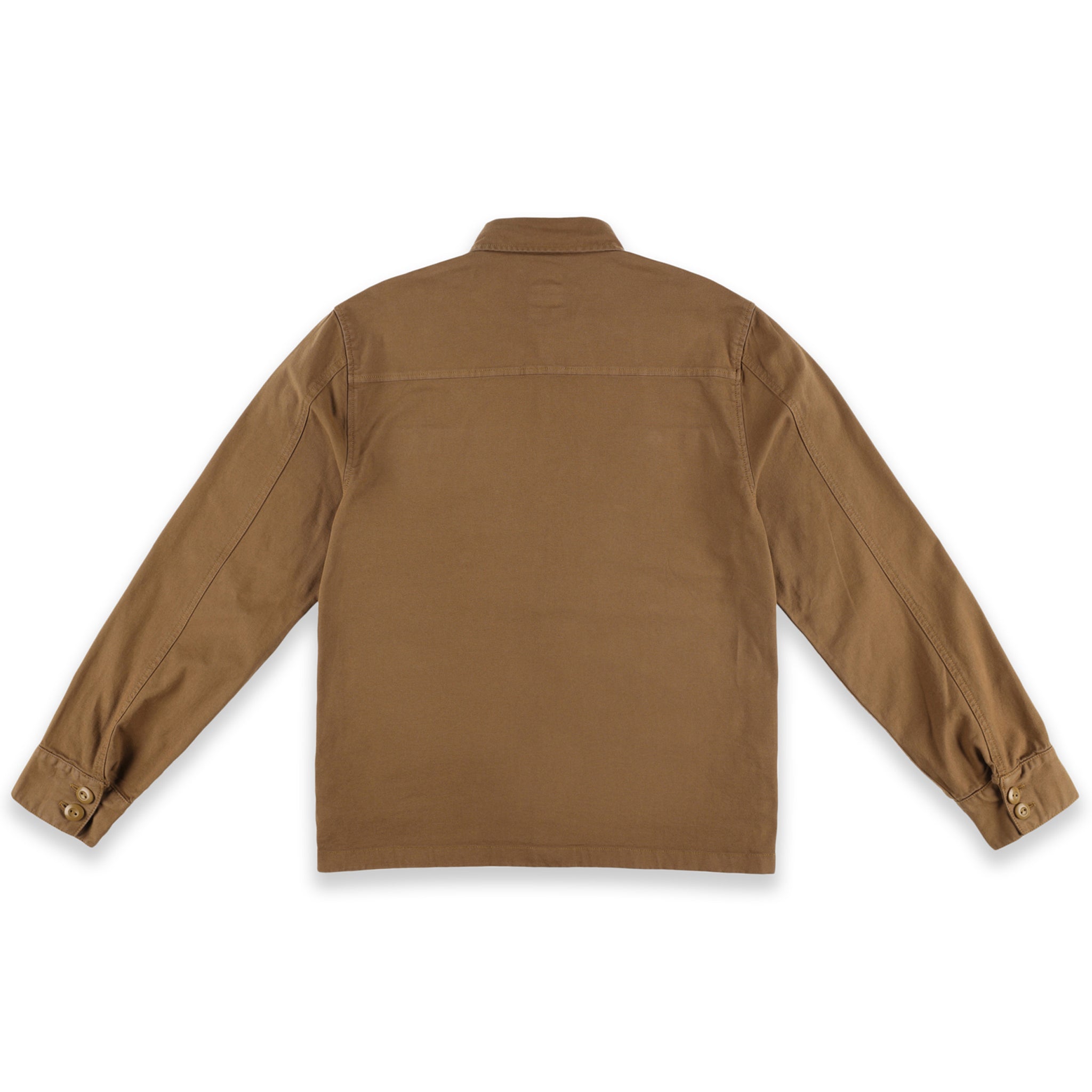 Back of Topo Designs Men's Dirt shirt Jacket 100% organic cotton in "Dark Khaki".