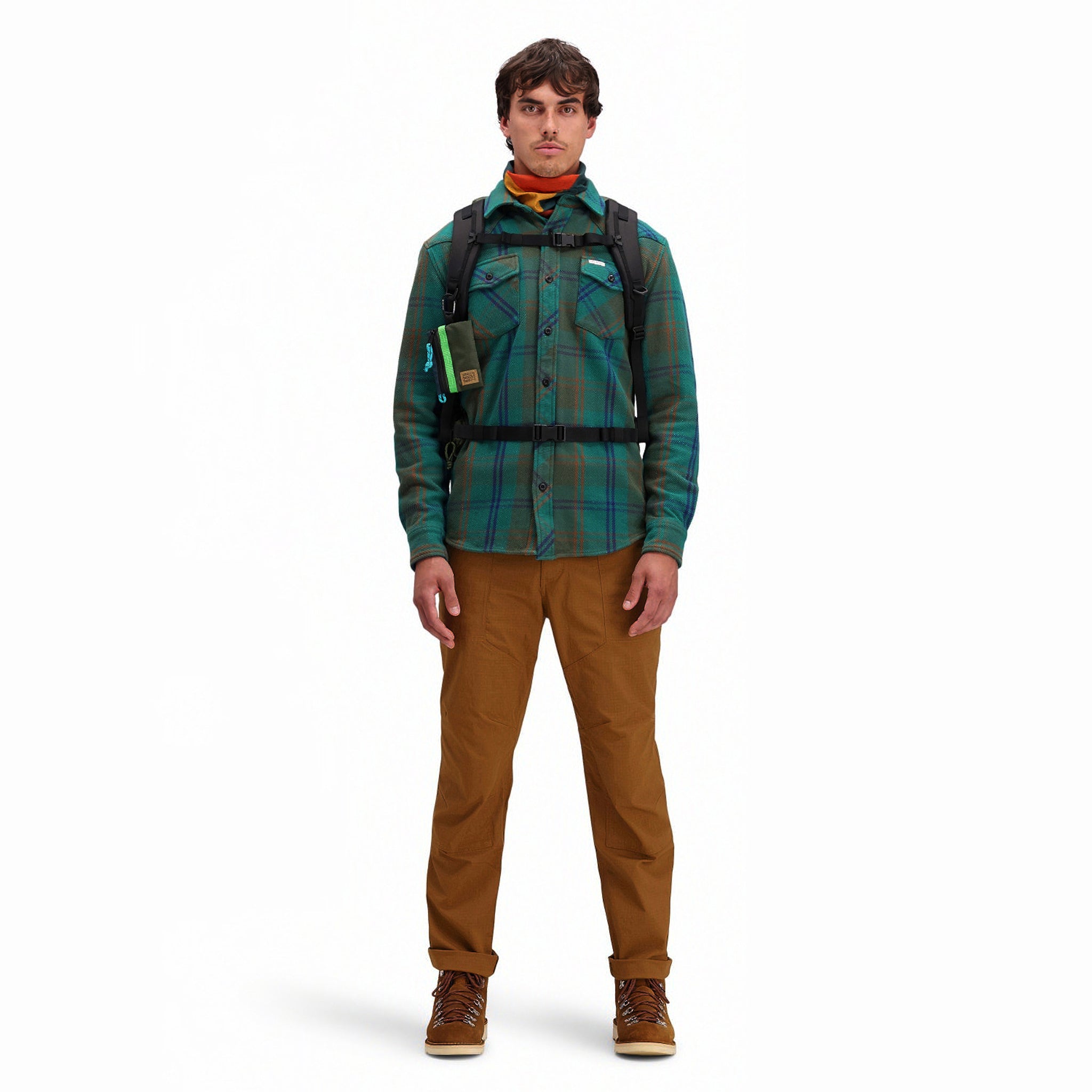 Front model shot of Topo Designs Men's Mountain Shirt Heavyweight "Green / Earth Plaid" brown blue button-up.