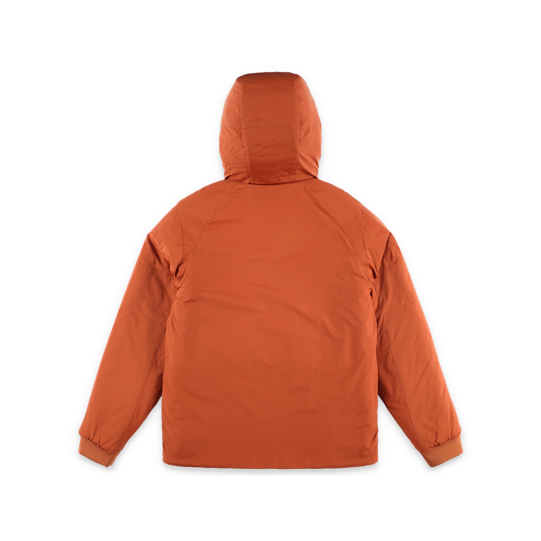 Back of Topo Designs Mountain Puffer Primaloft insulated Hoodie jacket in "Brick" orange.