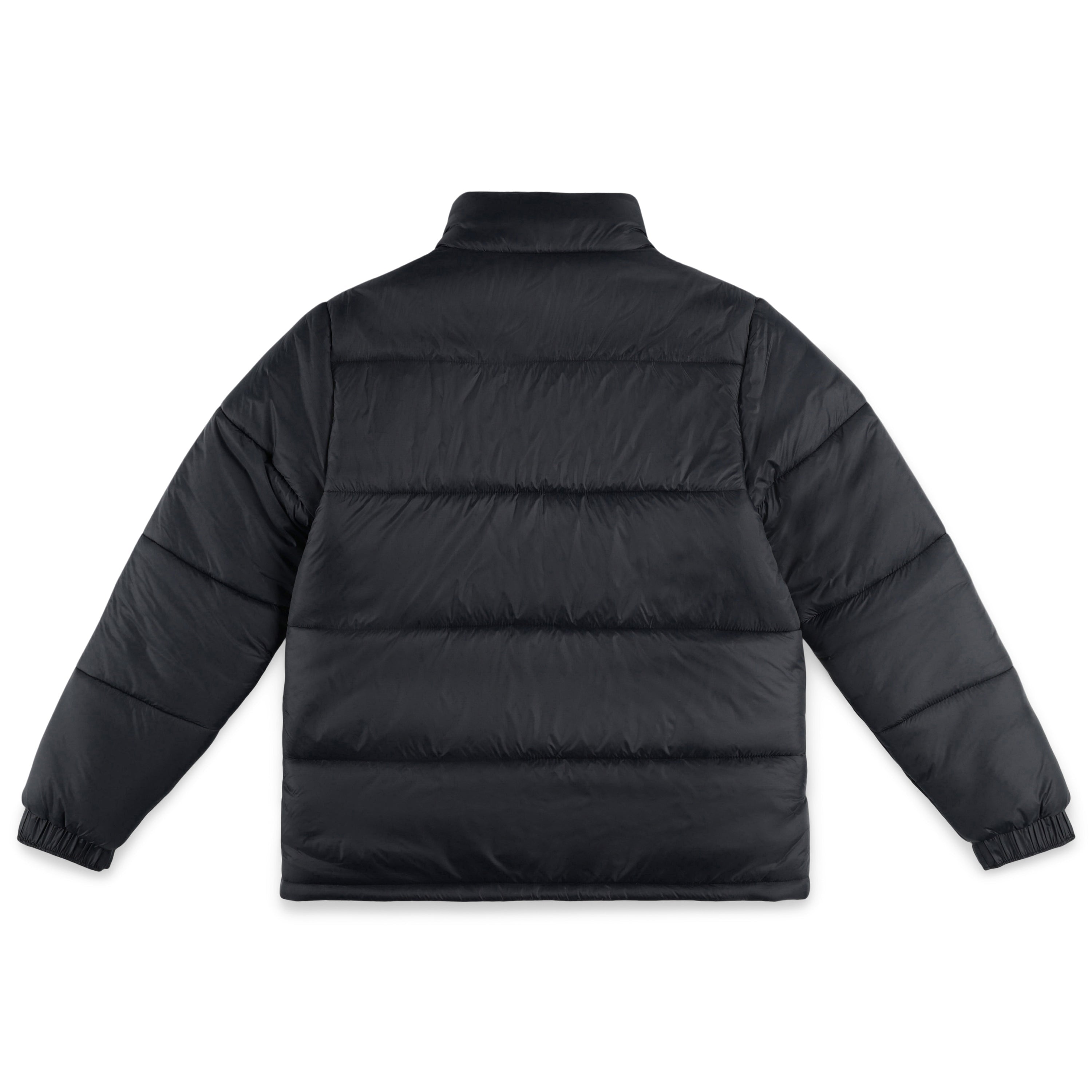 Back of Topo Designs Men's Puffer recycled insulated Jacket in "Black"