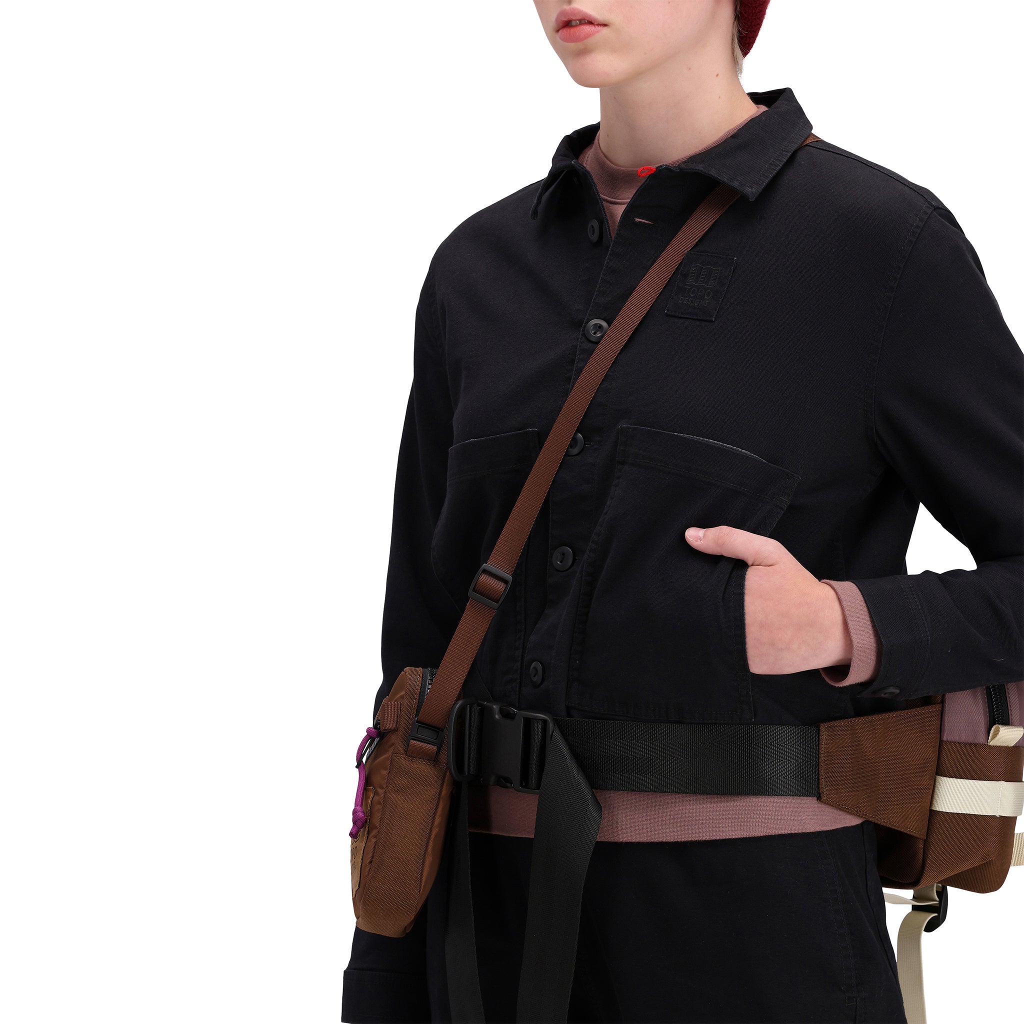 Front model shot of Topo Designs Women's Dirt Jacket 100% organic cotton shirt jacket in "black"