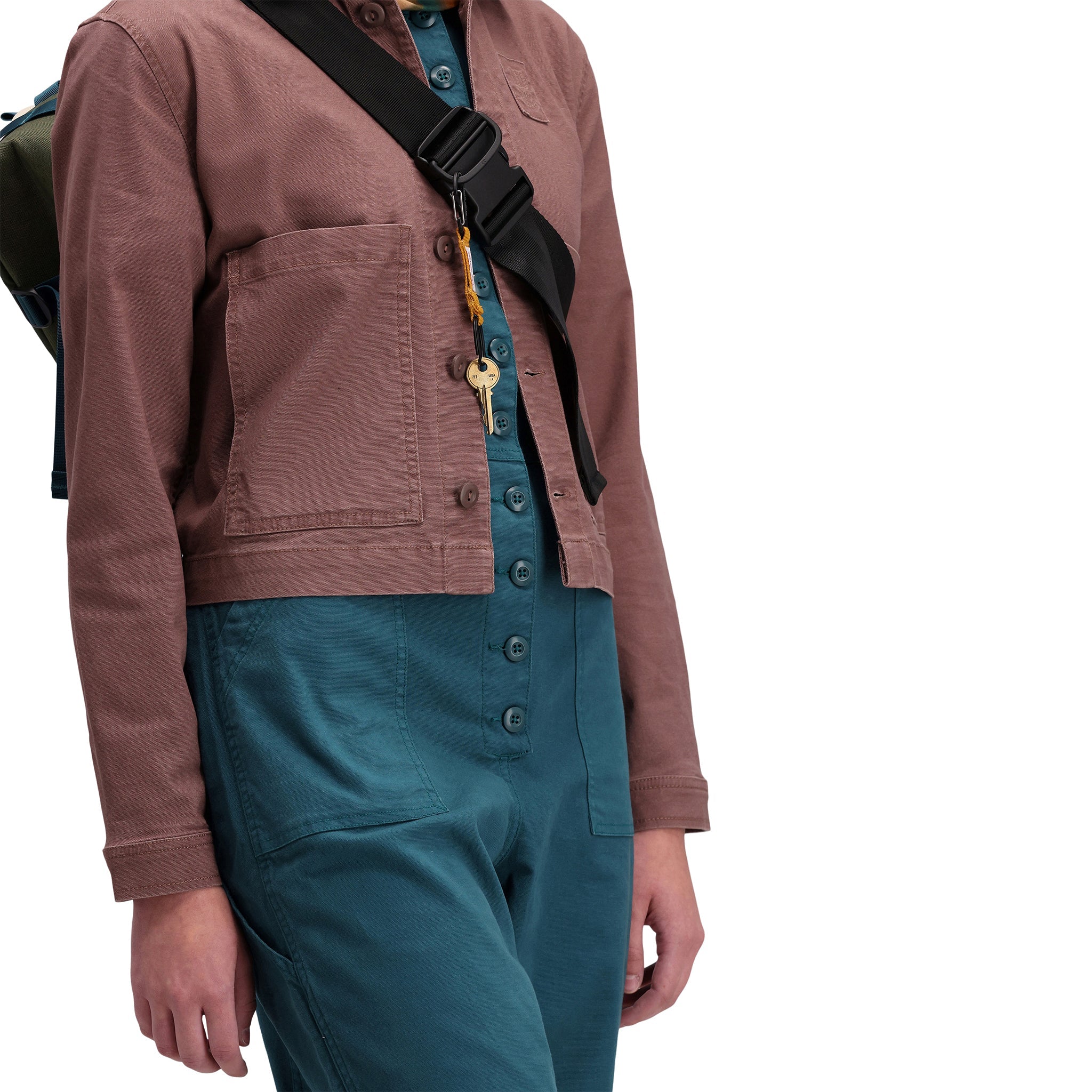 Front model shot of Topo Designs Women's Dirt Jacket 100% organic cotton shirt jacket in "peppercorn" brown purple