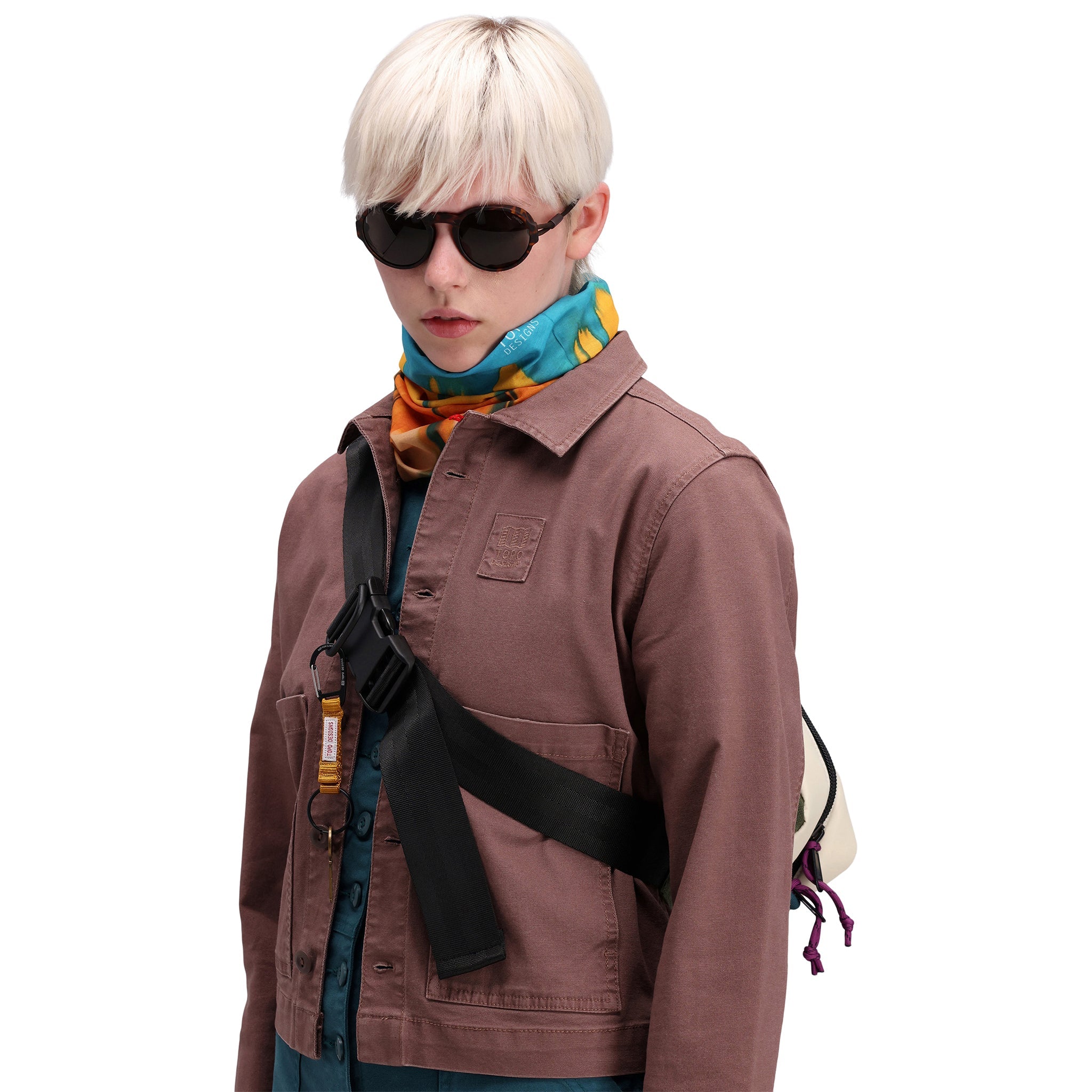 Front model shot of Topo Designs Women's Dirt Jacket 100% organic cotton shirt jacket in "peppercorn" brown purple