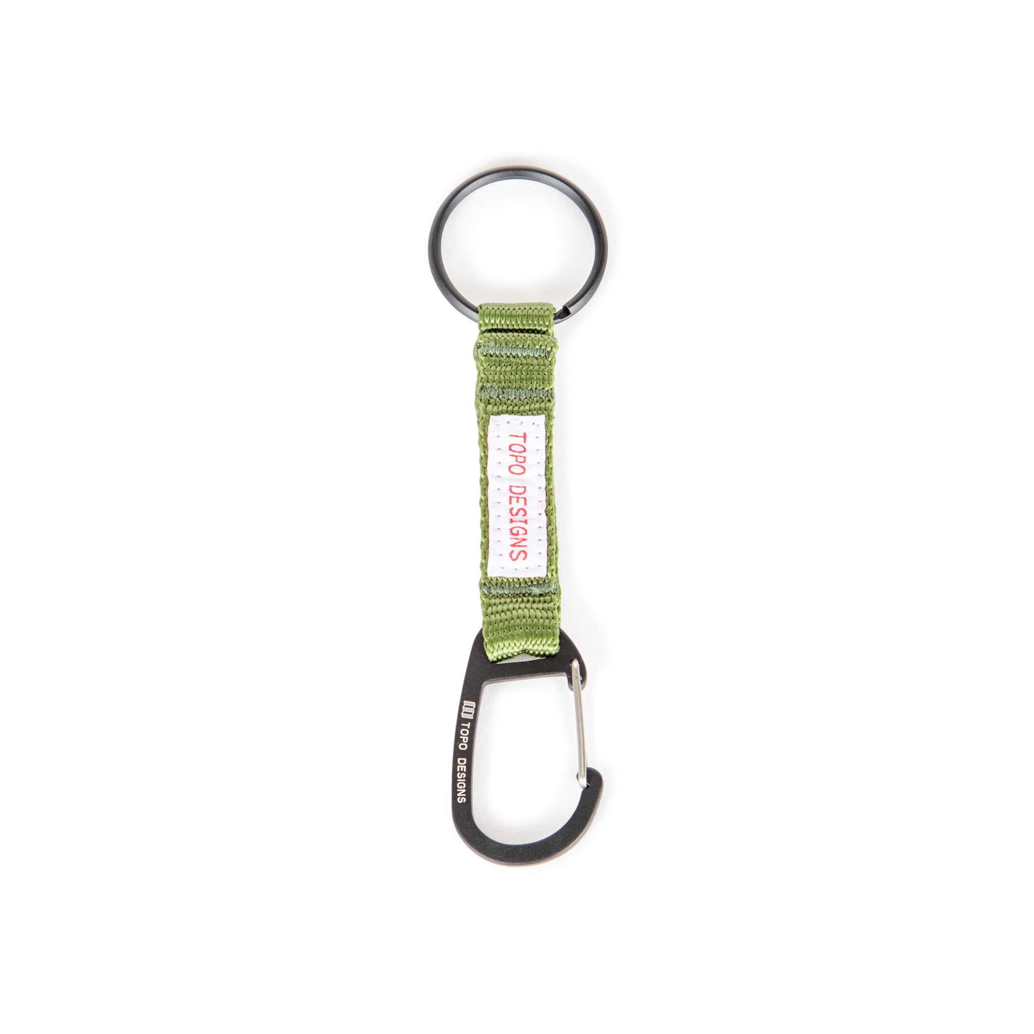 Topo Designs Key Clip carabiner keychain in "Olive" green.