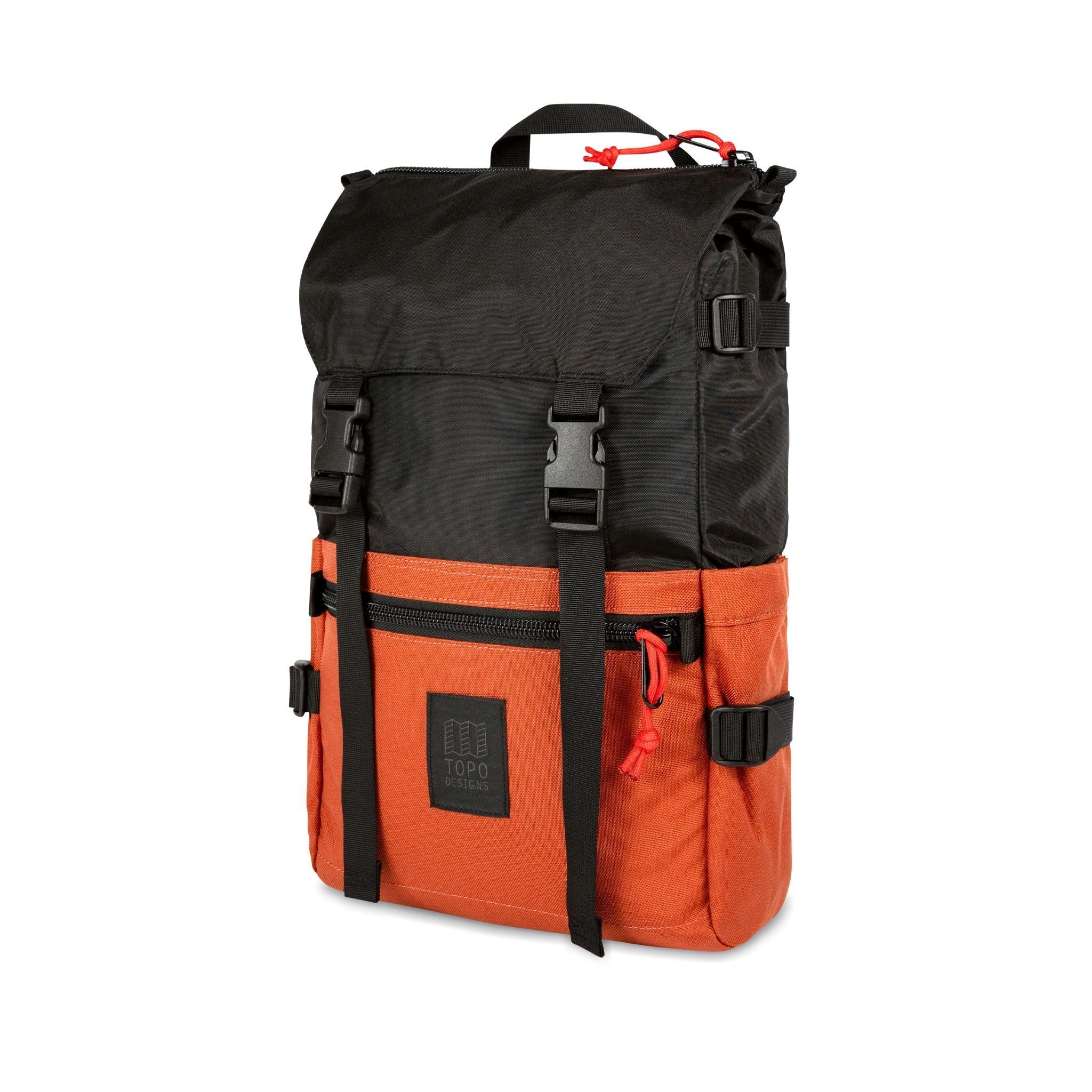 3/4 Front Product Shot of the Topo Designs Rover Pack Classic in Black/Clay